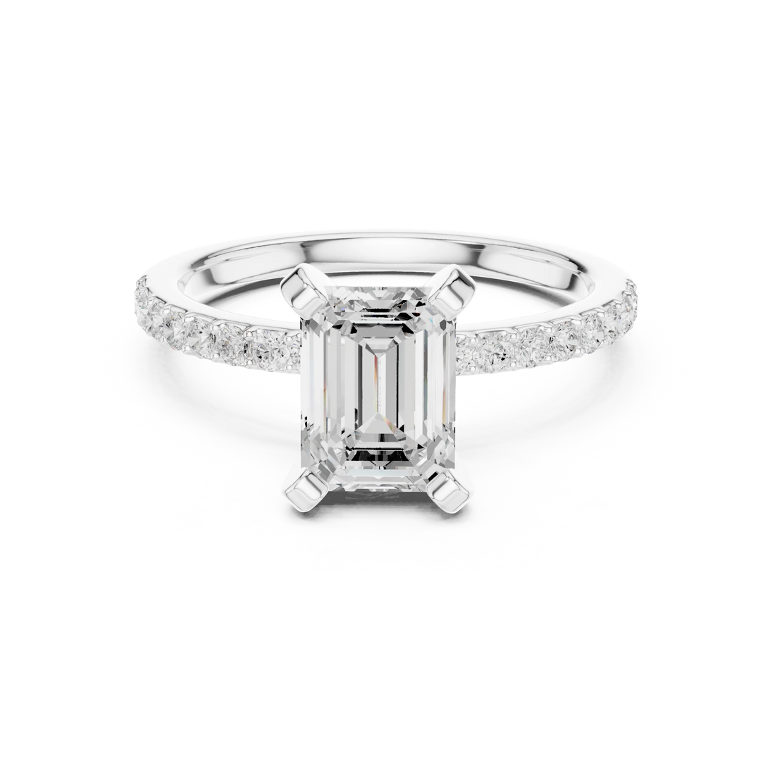 Emerald Cut Diamond Pave Band Solitaire Engagement Ring