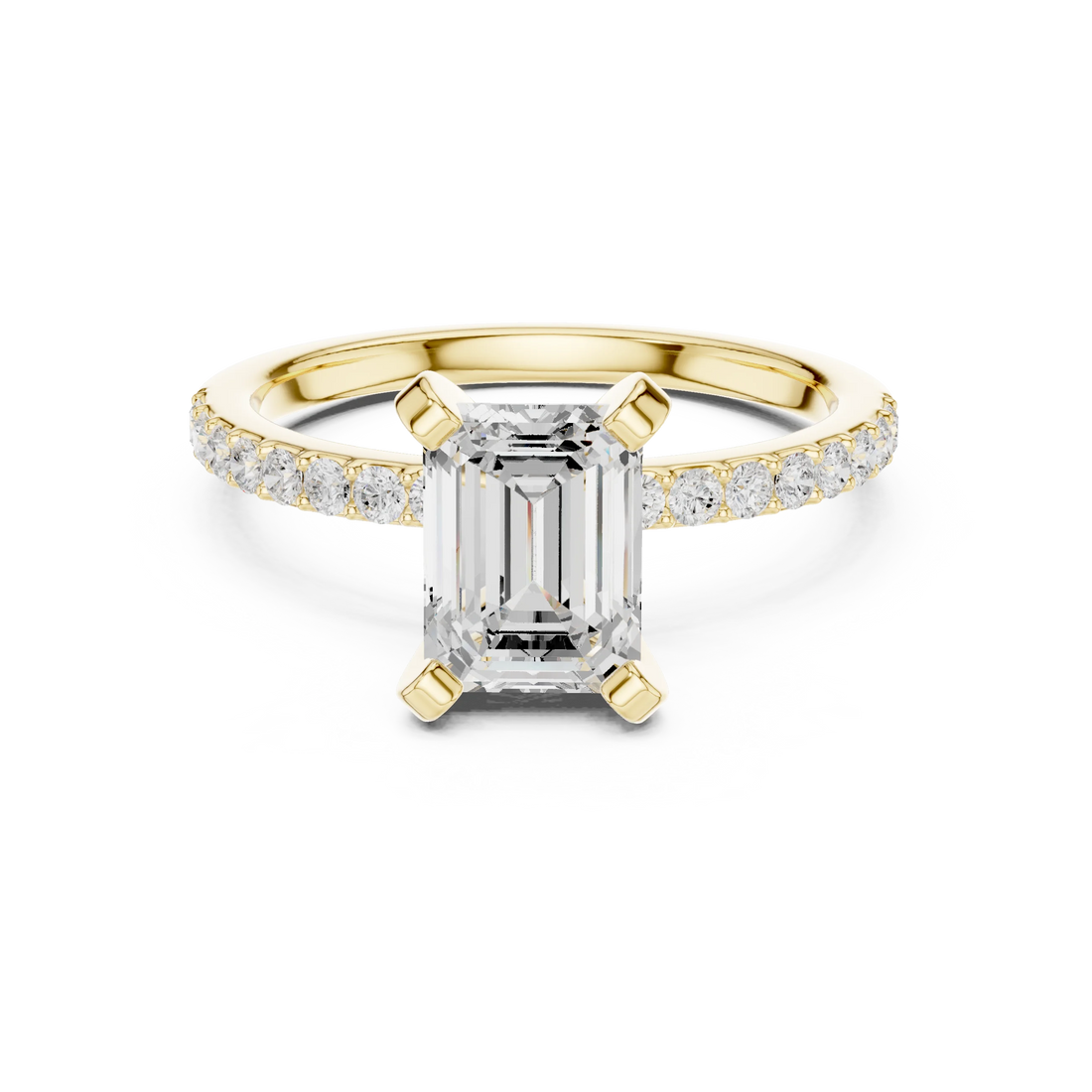 Emerald Cut Diamond Pave Band Solitaire Engagement Ring