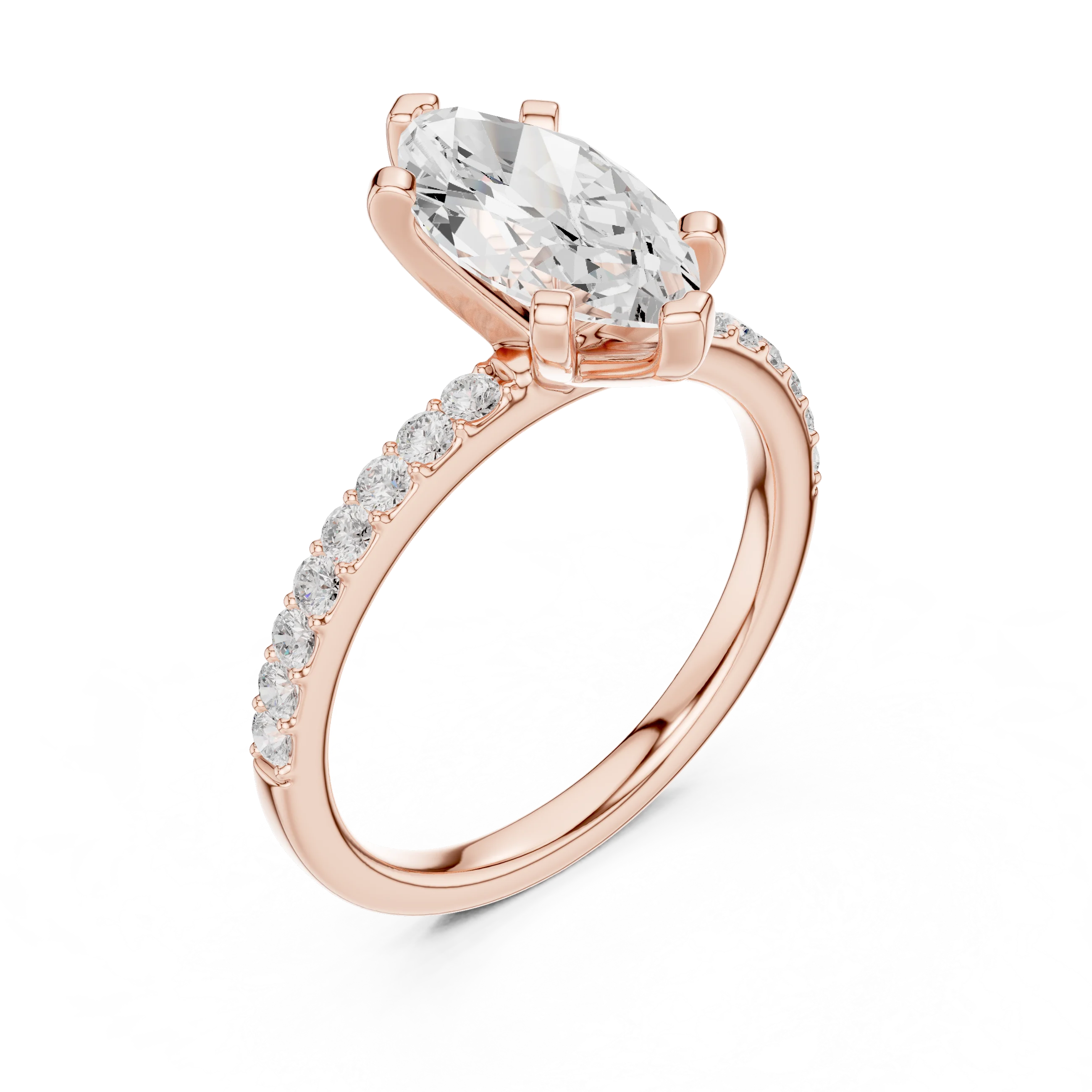Marquise Cut Diamond Pave Band Solitaire Engagement Ring