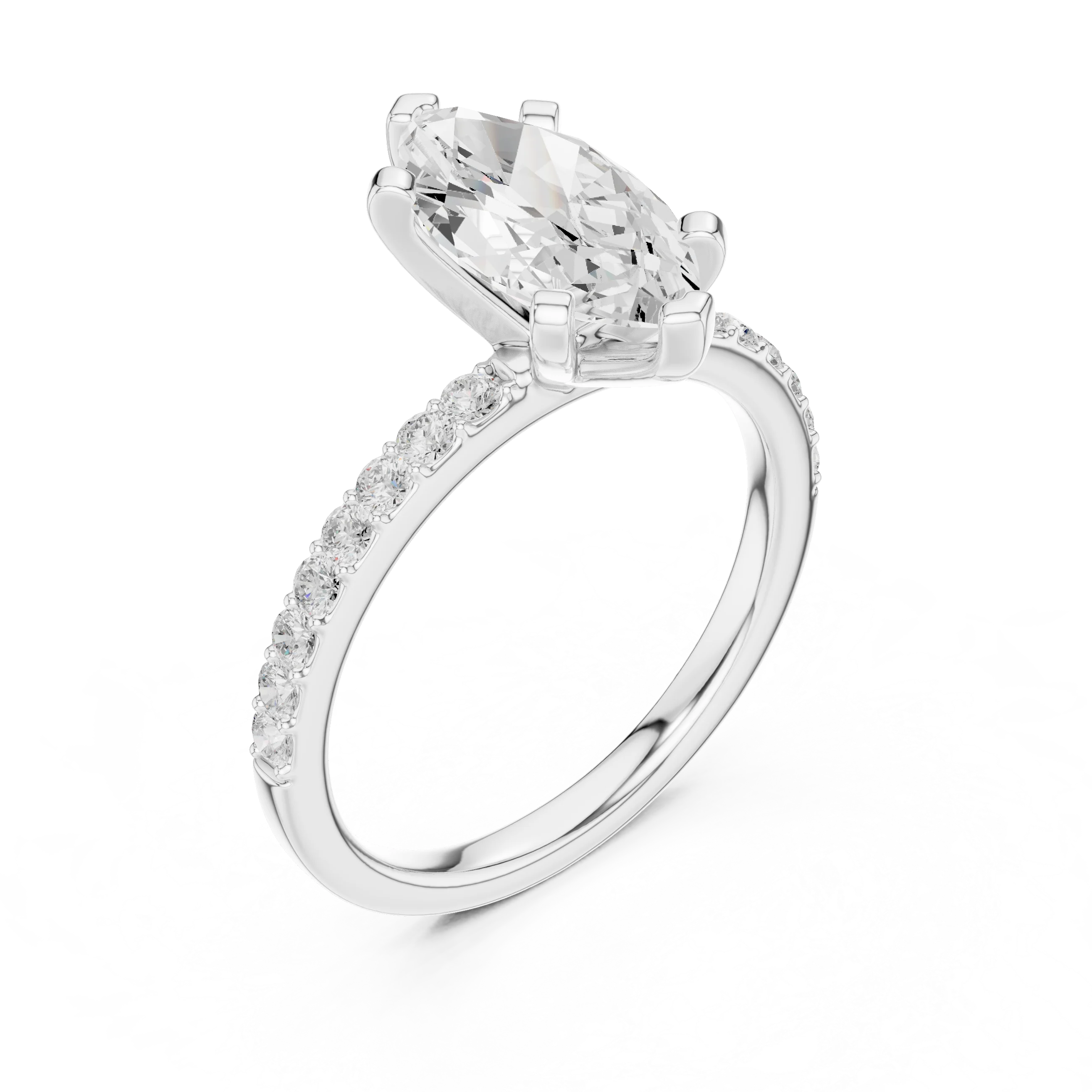 Marquise Cut Diamond Pave Band Solitaire Engagement Ring
