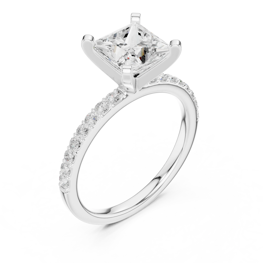 Princess Cut Diamond Pave Band Solitaire Engagement Ring