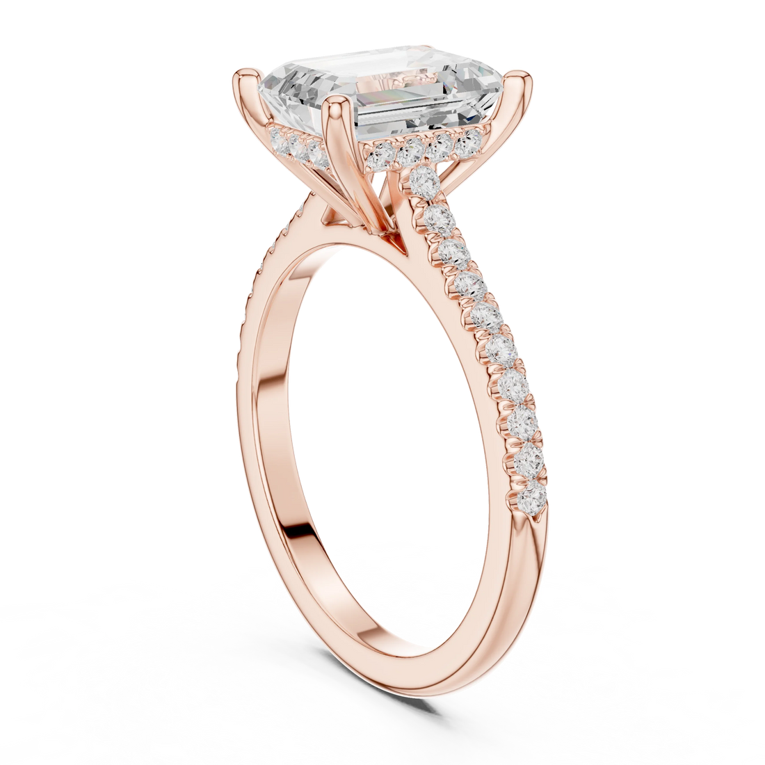 Emerald-Cut Diamond Hidden Halo Engagement Ring with Pave Band