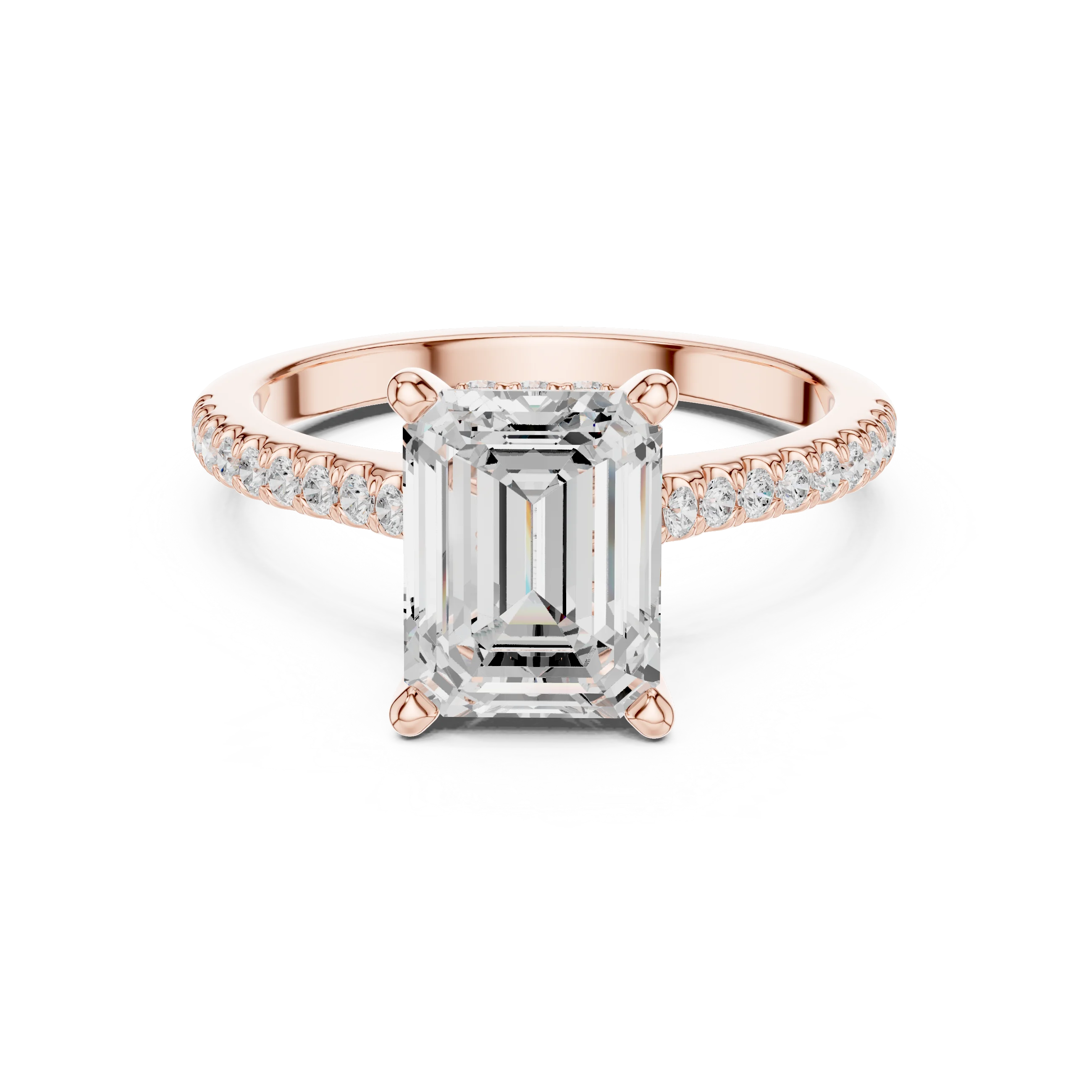 Emerald-Cut Diamond Hidden Halo Engagement Ring with Pave Band