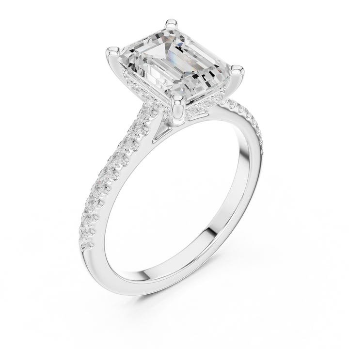 Emerald-Cut Diamond Hidden Halo Engagement Ring with Pave Band