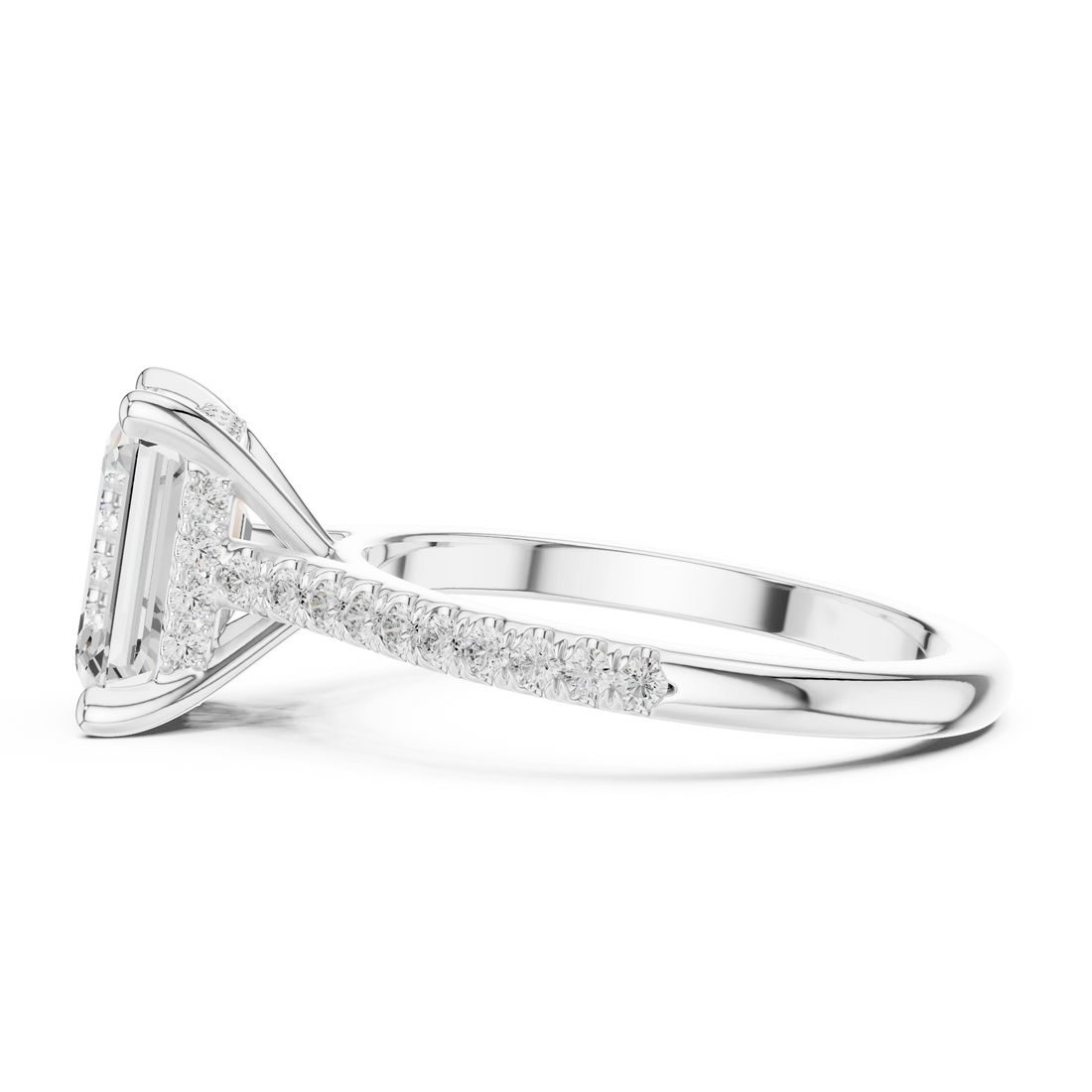 Emerald-Cut Diamond Hidden Halo Engagement Ring with Pave Band