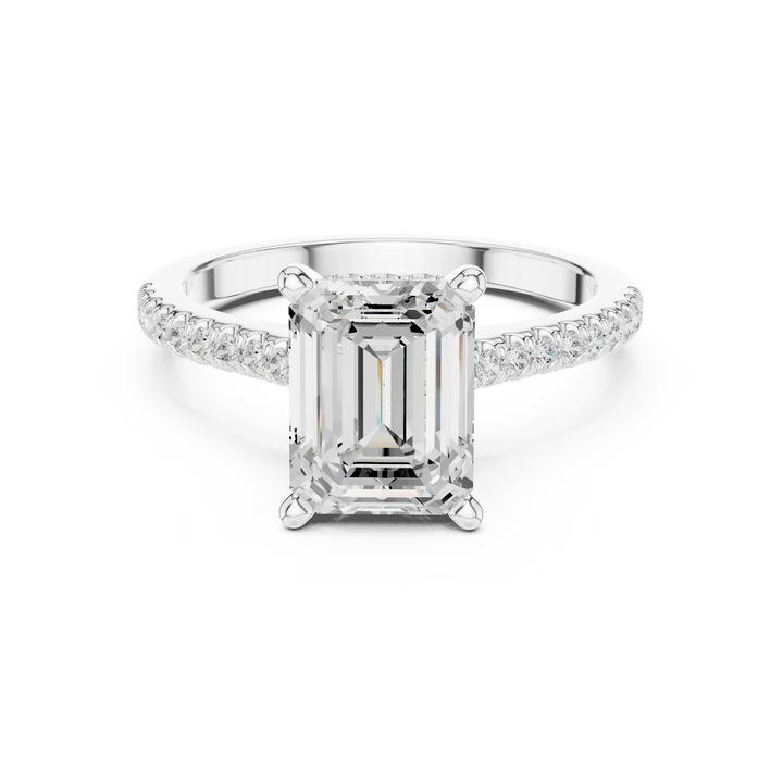 Emerald-Cut Diamond Hidden Halo Engagement Ring with Pave Band