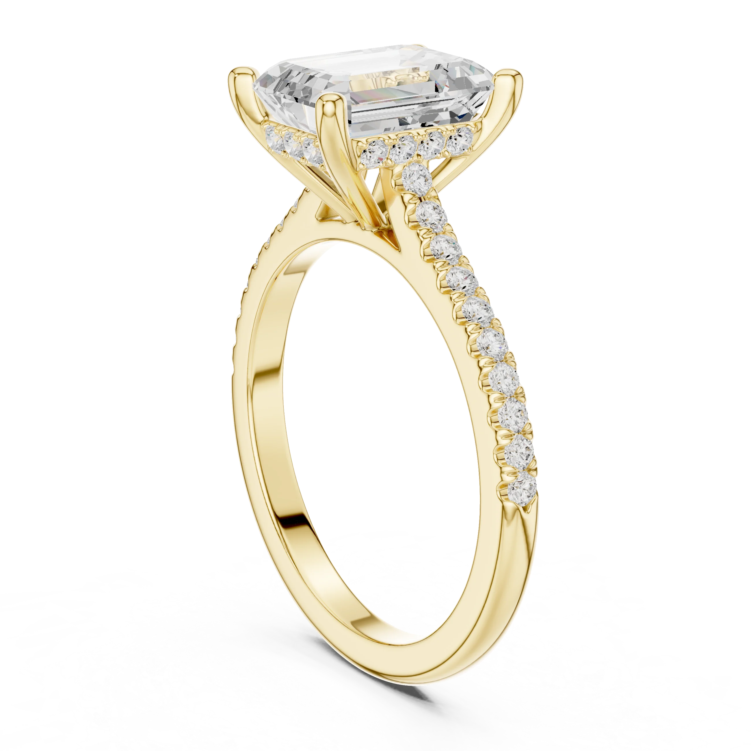 Emerald-Cut Diamond Hidden Halo Engagement Ring with Pave Band