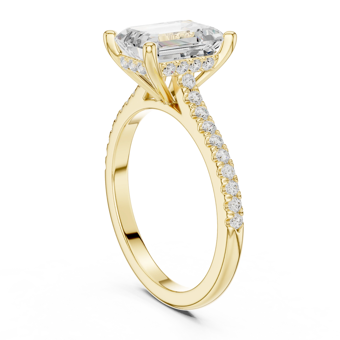 Emerald-Cut Diamond Hidden Halo Engagement Ring with Pave Band