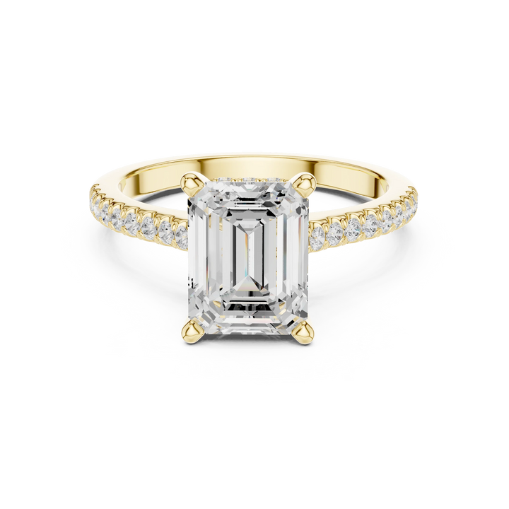 Emerald-Cut Diamond Hidden Halo Engagement Ring with Pave Band