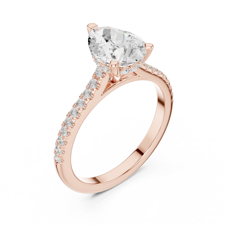 Pear-Cut Diamond Hidden Halo Engagement Ring with Pave Band