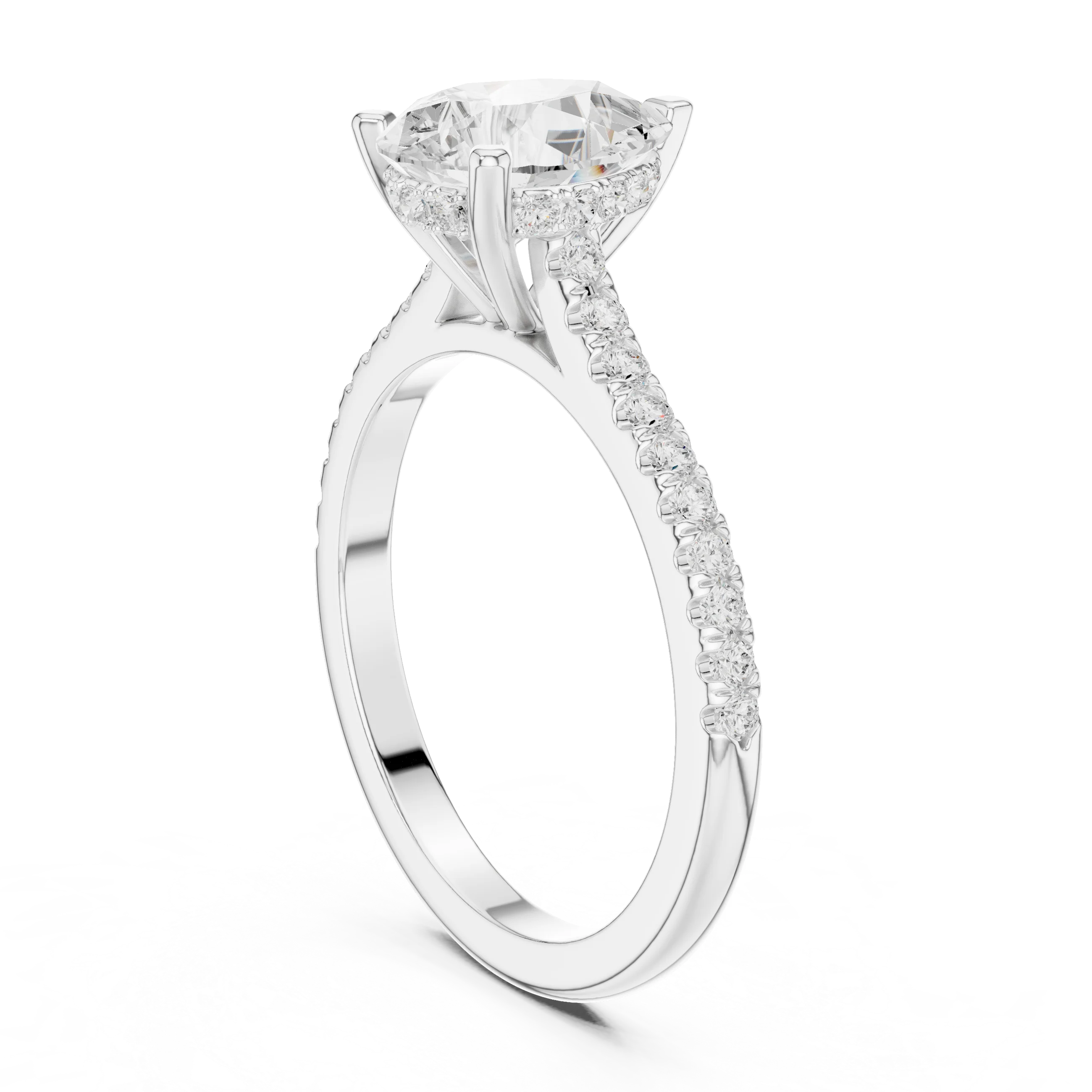 Pear-Cut Diamond Hidden Halo Engagement Ring with Pave Band