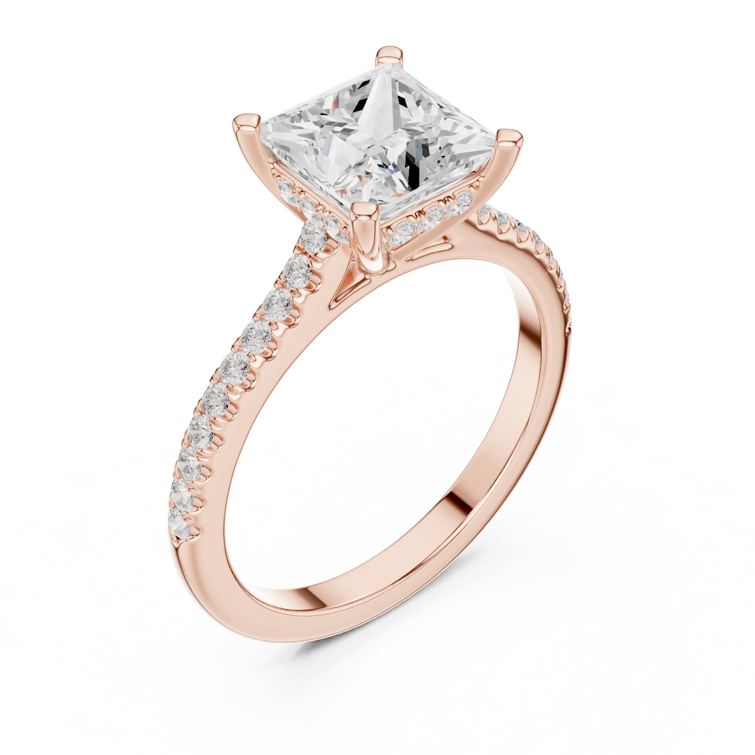 Princess-Cut Diamond Hidden Halo Engagement Ring with Pave Band