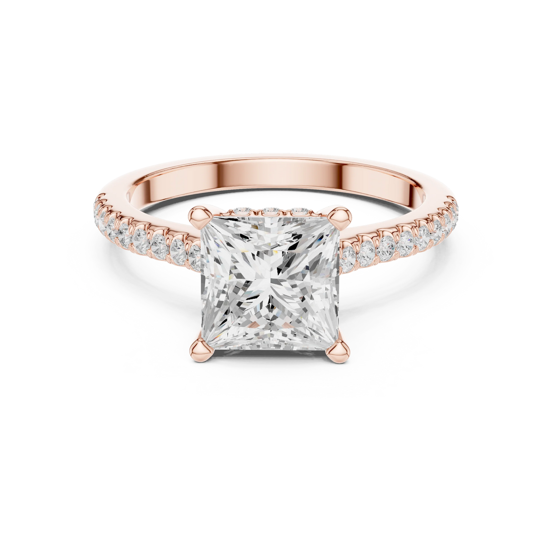 Princess-Cut Diamond Hidden Halo Engagement Ring with Pave Band