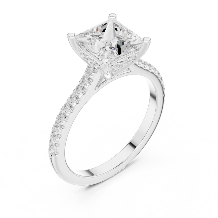 Princess-Cut Diamond Hidden Halo Engagement Ring with Pave Band