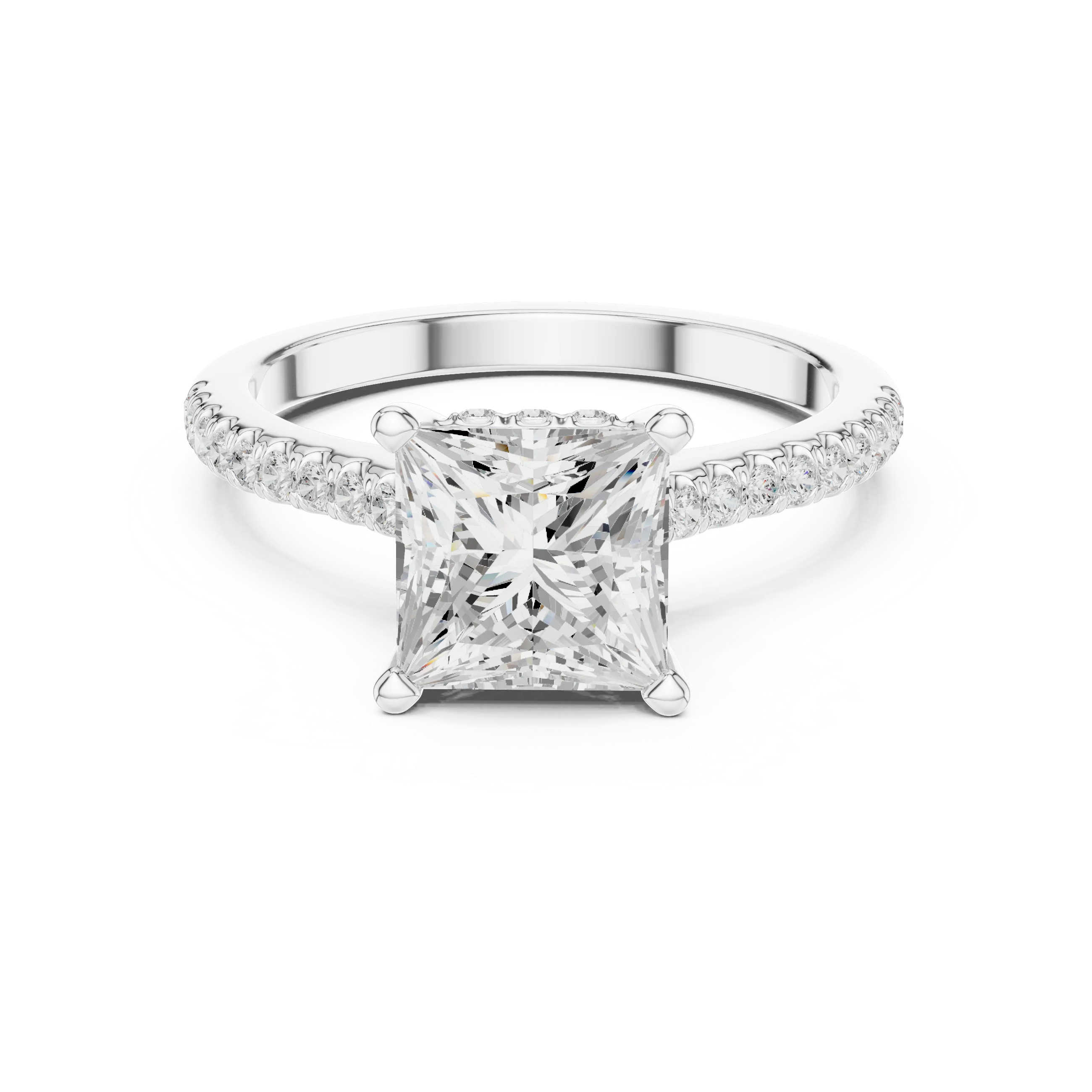 Princess-Cut Diamond Hidden Halo Engagement Ring with Pave Band