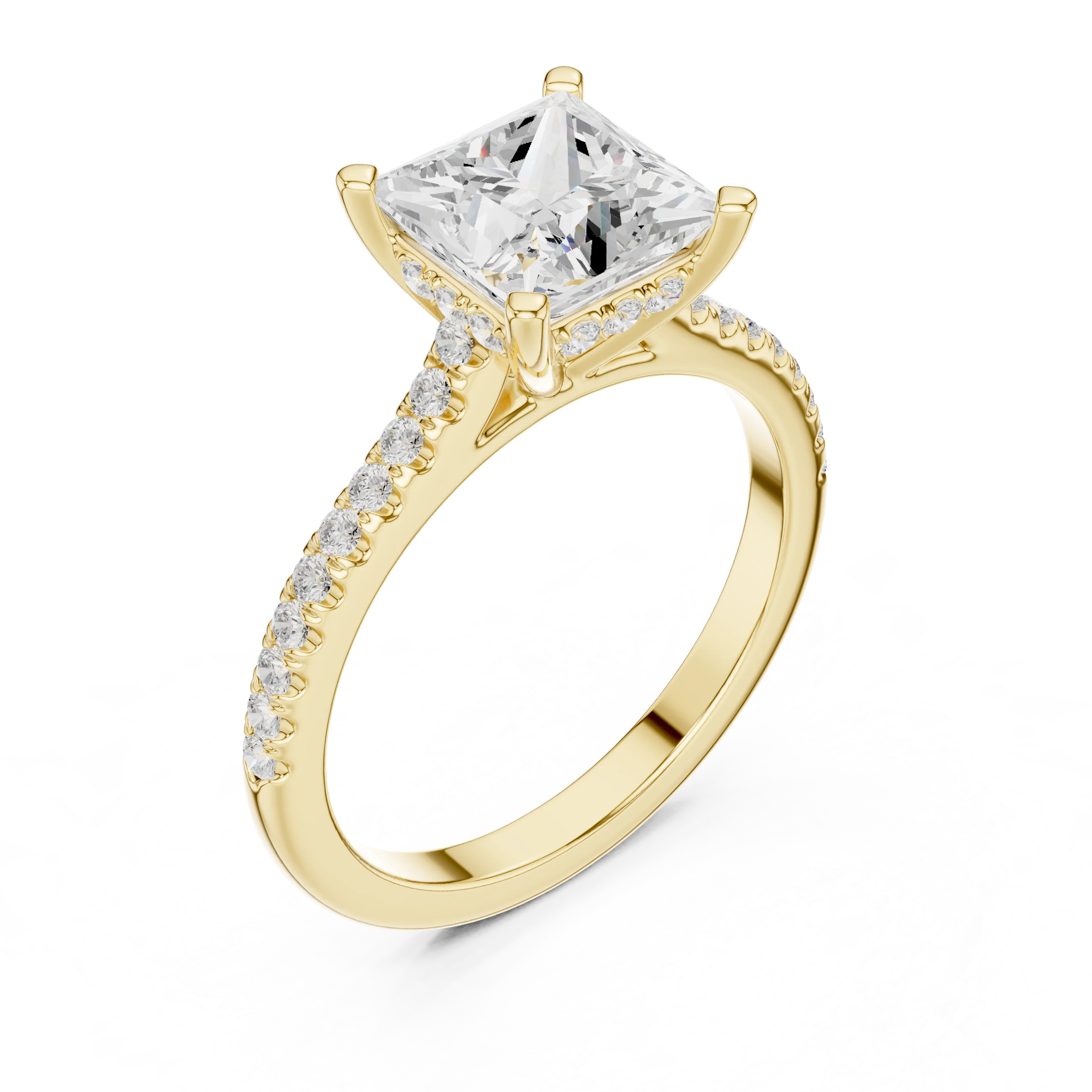 Princess-Cut Diamond Hidden Halo Engagement Ring with Pave Band