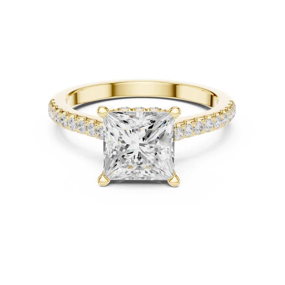 Princess-Cut Diamond Hidden Halo Engagement Ring with Pave Band