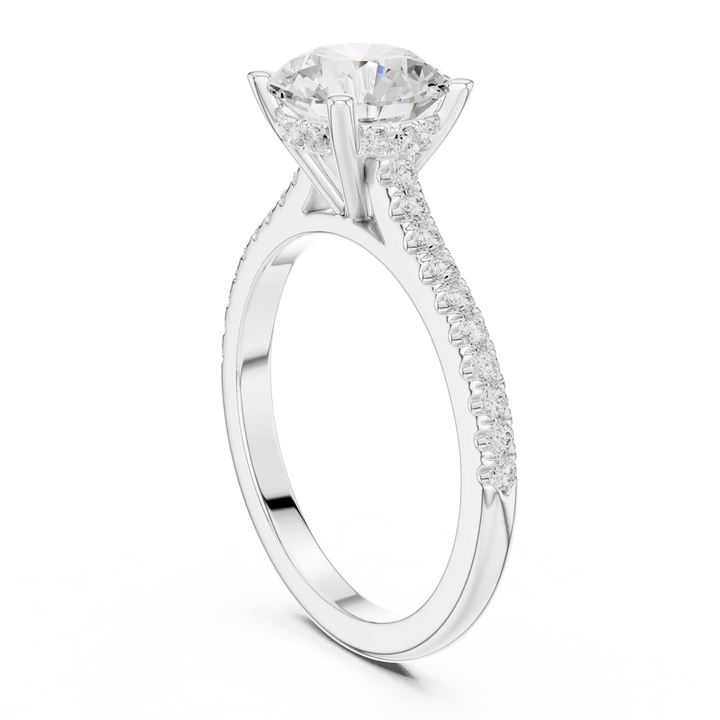 Round-Cut Diamond Hidden Halo Engagement Ring with Pave Band