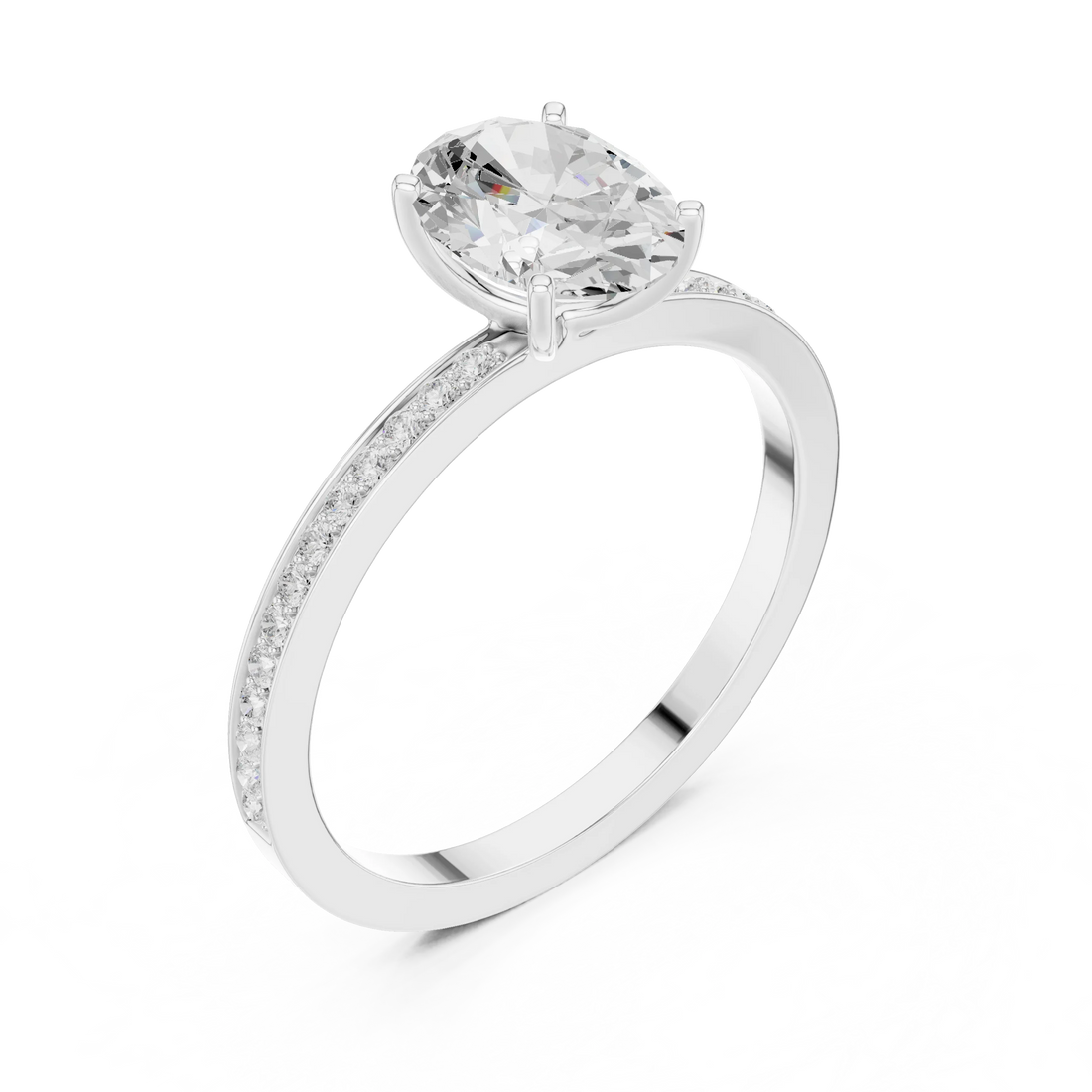 Oval-Cut Diamond Hidden Halo Engagement Ring with Pave Band