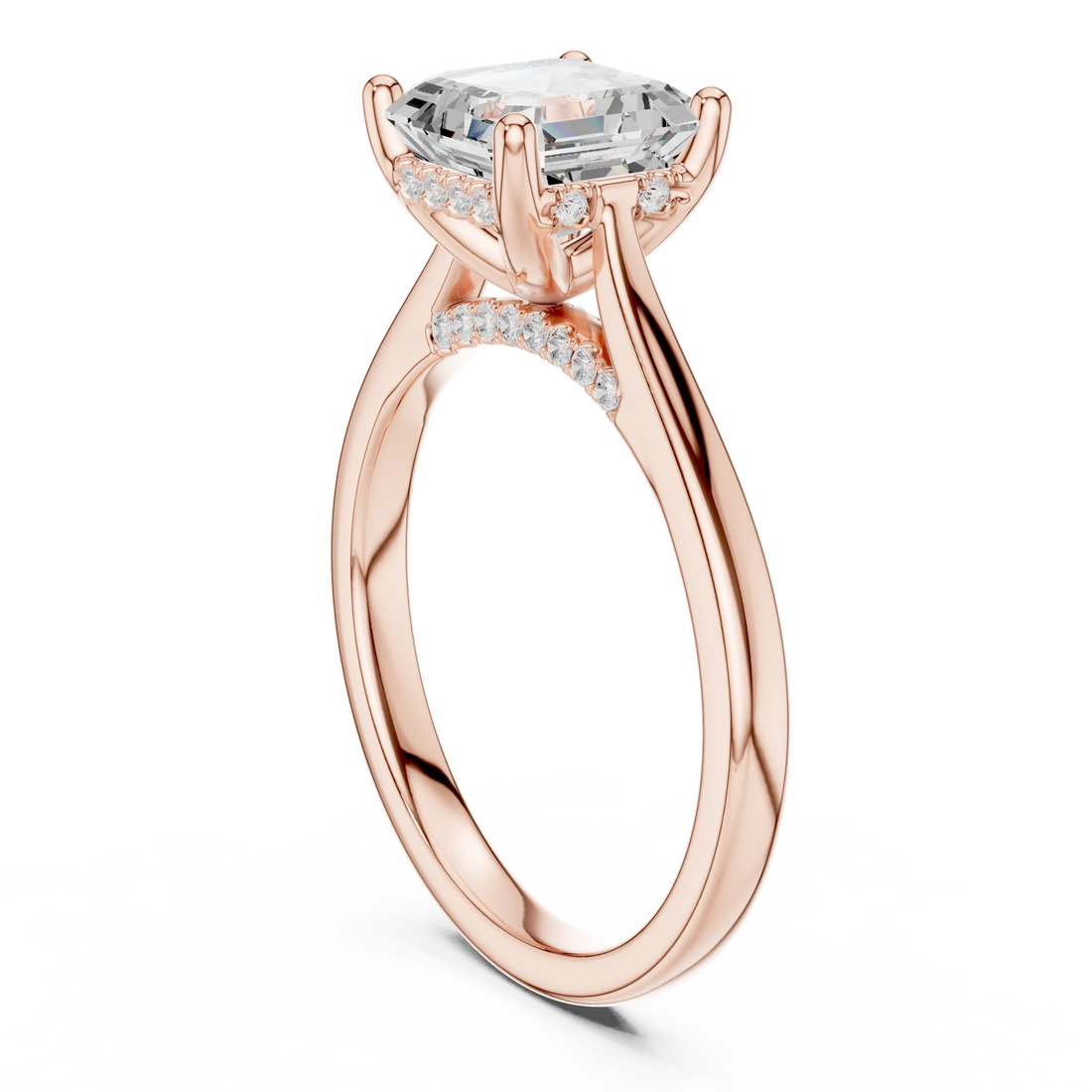 Asscher Cut Diamond Hidden Halo Engagement Ring With Cathedral Pave