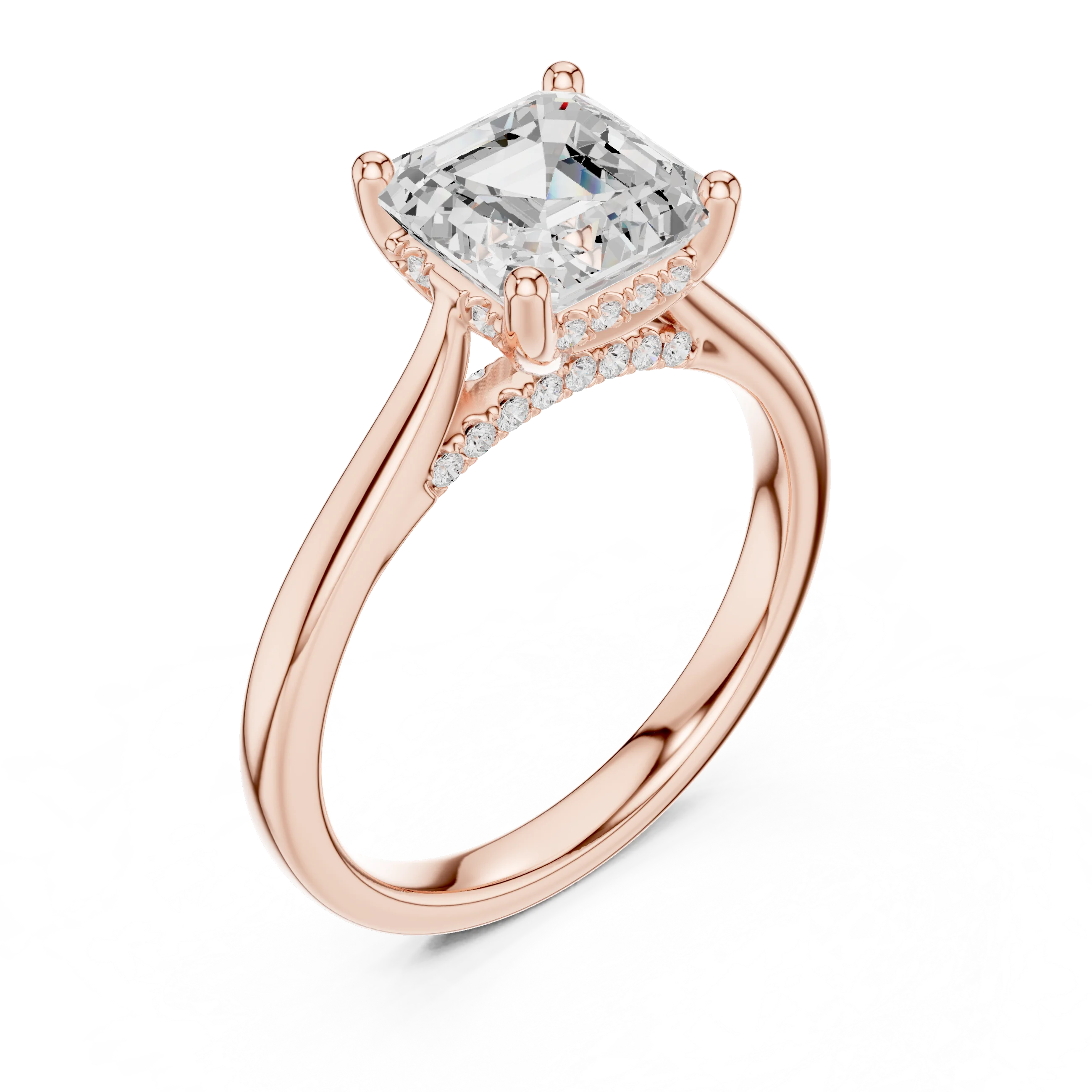 Asscher Cut Diamond Hidden Halo Engagement Ring With Cathedral Pave