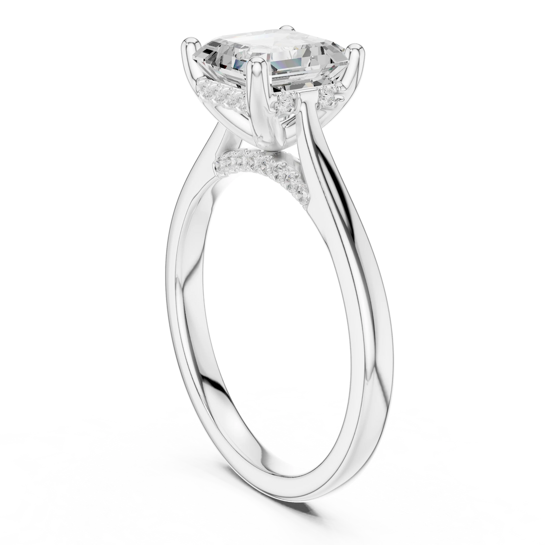 Asscher Cut Diamond Hidden Halo Engagement Ring With Cathedral Pave
