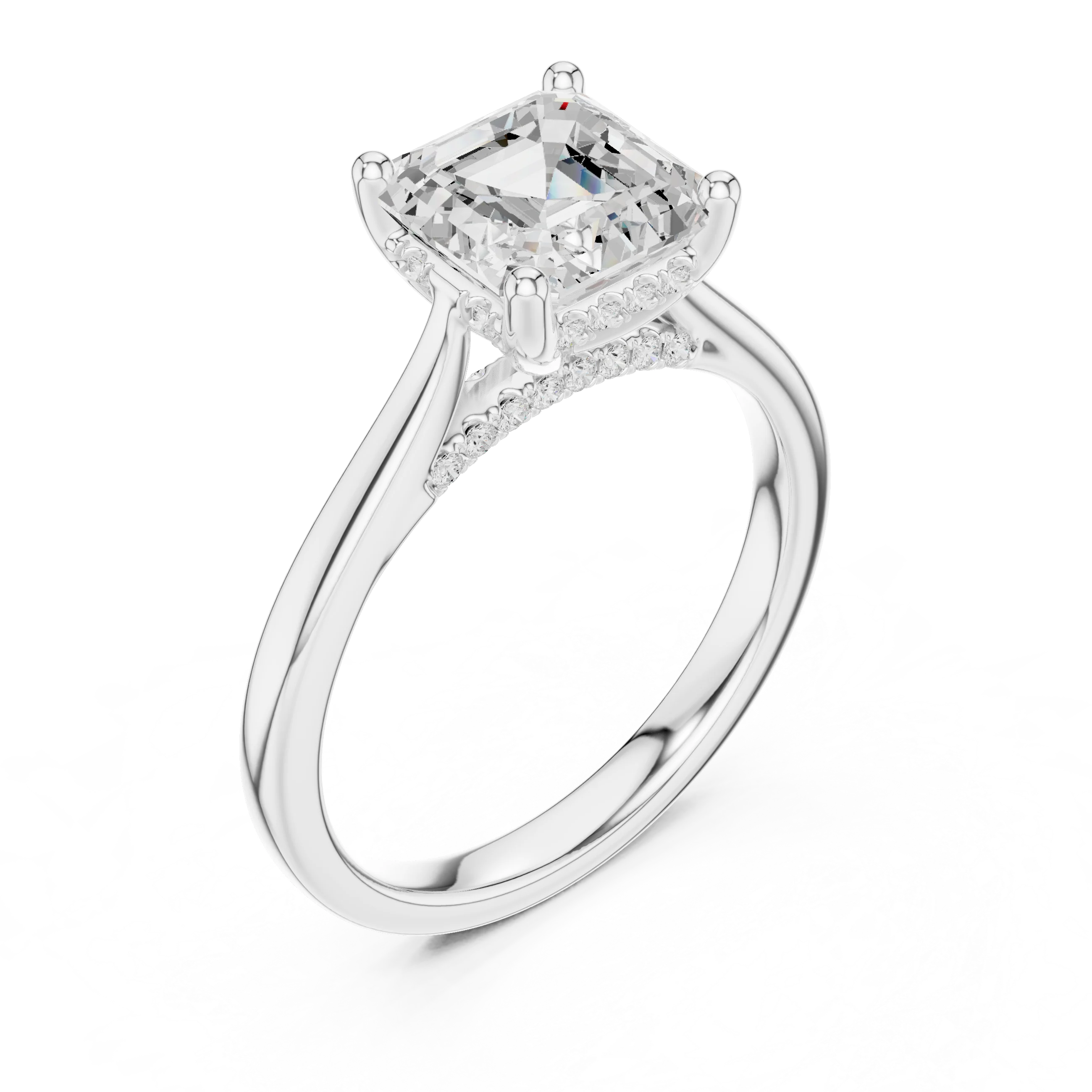 Asscher Cut Diamond Hidden Halo Engagement Ring With Cathedral Pave