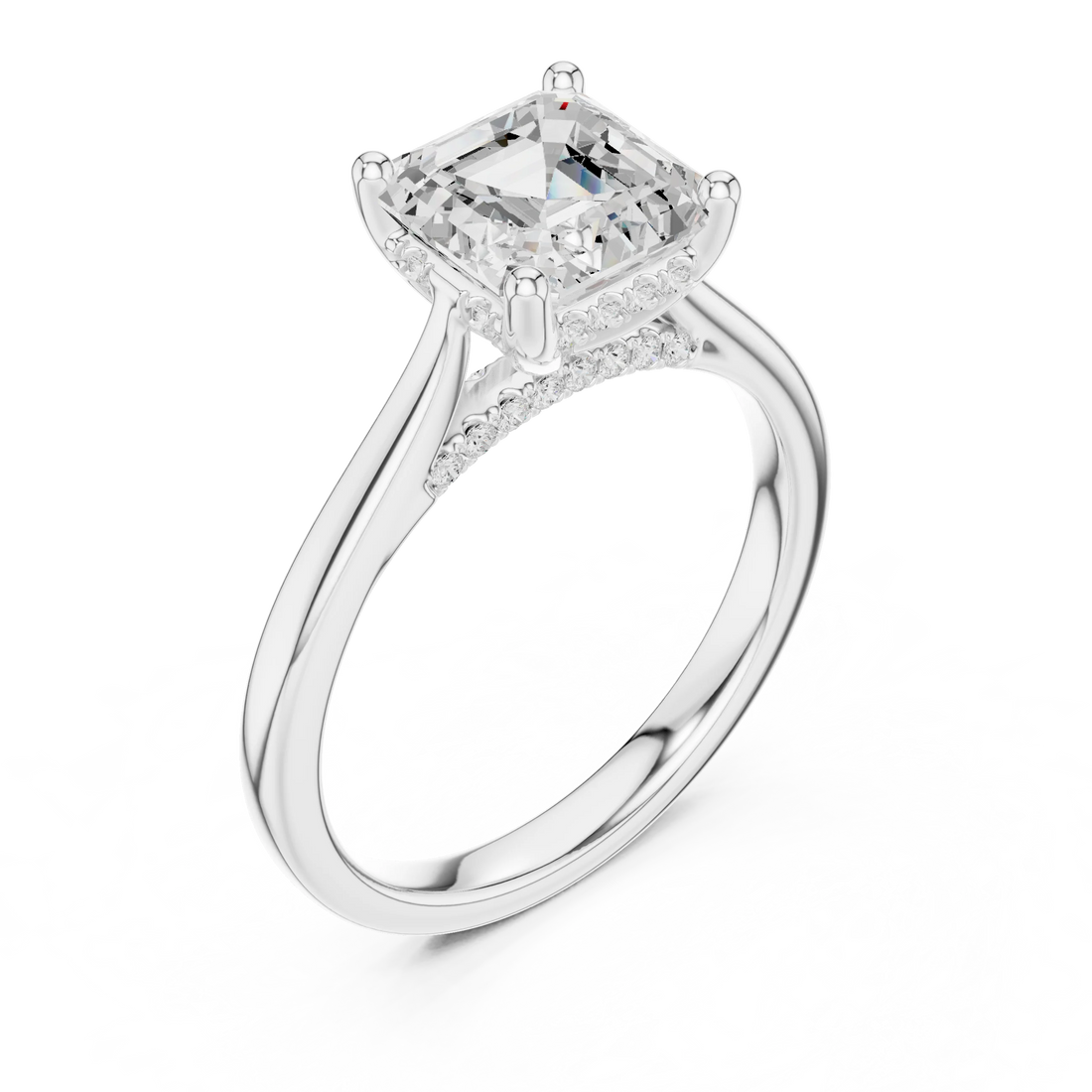 Asscher Cut Diamond Hidden Halo Engagement Ring With Cathedral Pave
