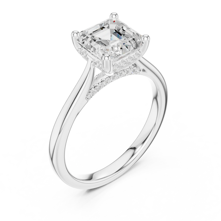 Asscher Cut Diamond Hidden Halo Engagement Ring With Cathedral Pave