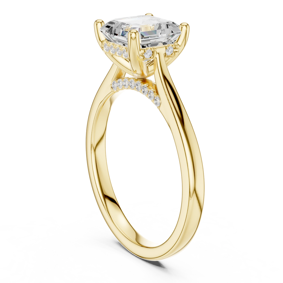 Asscher Cut Diamond Hidden Halo Engagement Ring With Cathedral Pave