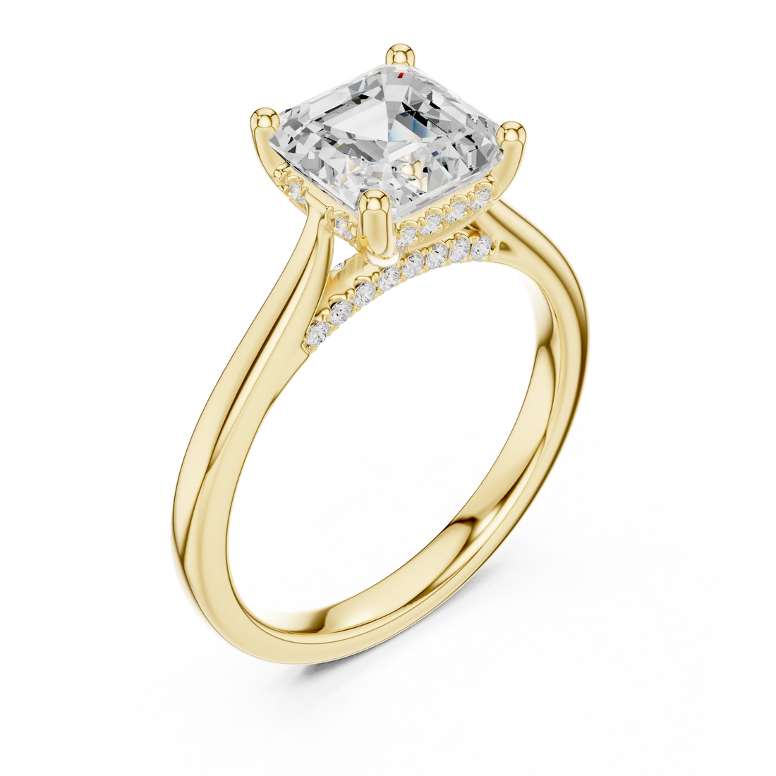 Asscher Cut Diamond Hidden Halo Engagement Ring With Cathedral Pave