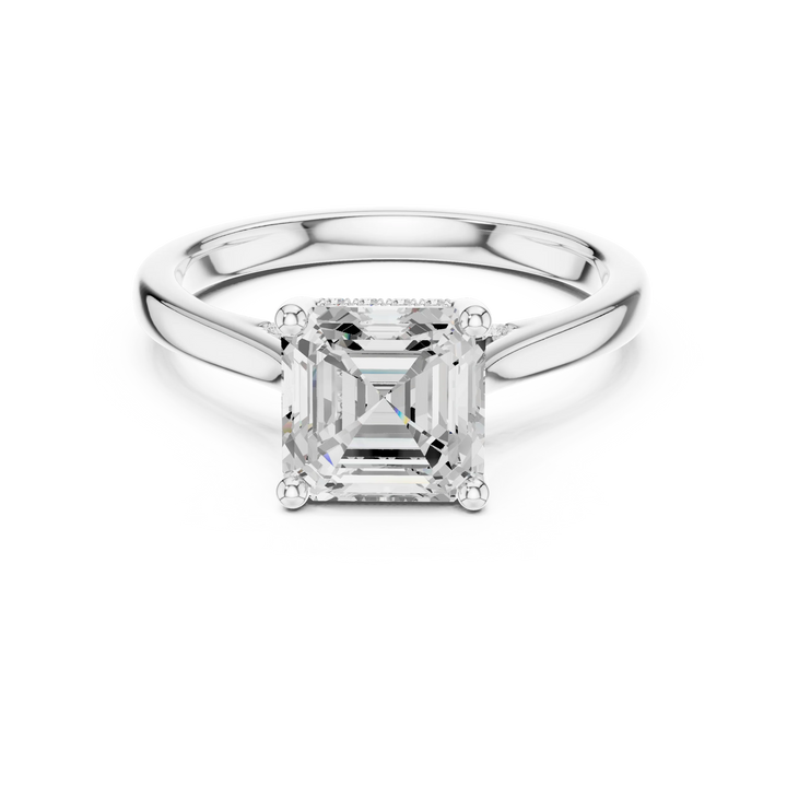 Asscher Cut Diamond Hidden Halo Engagement Ring With Cathedral Pave