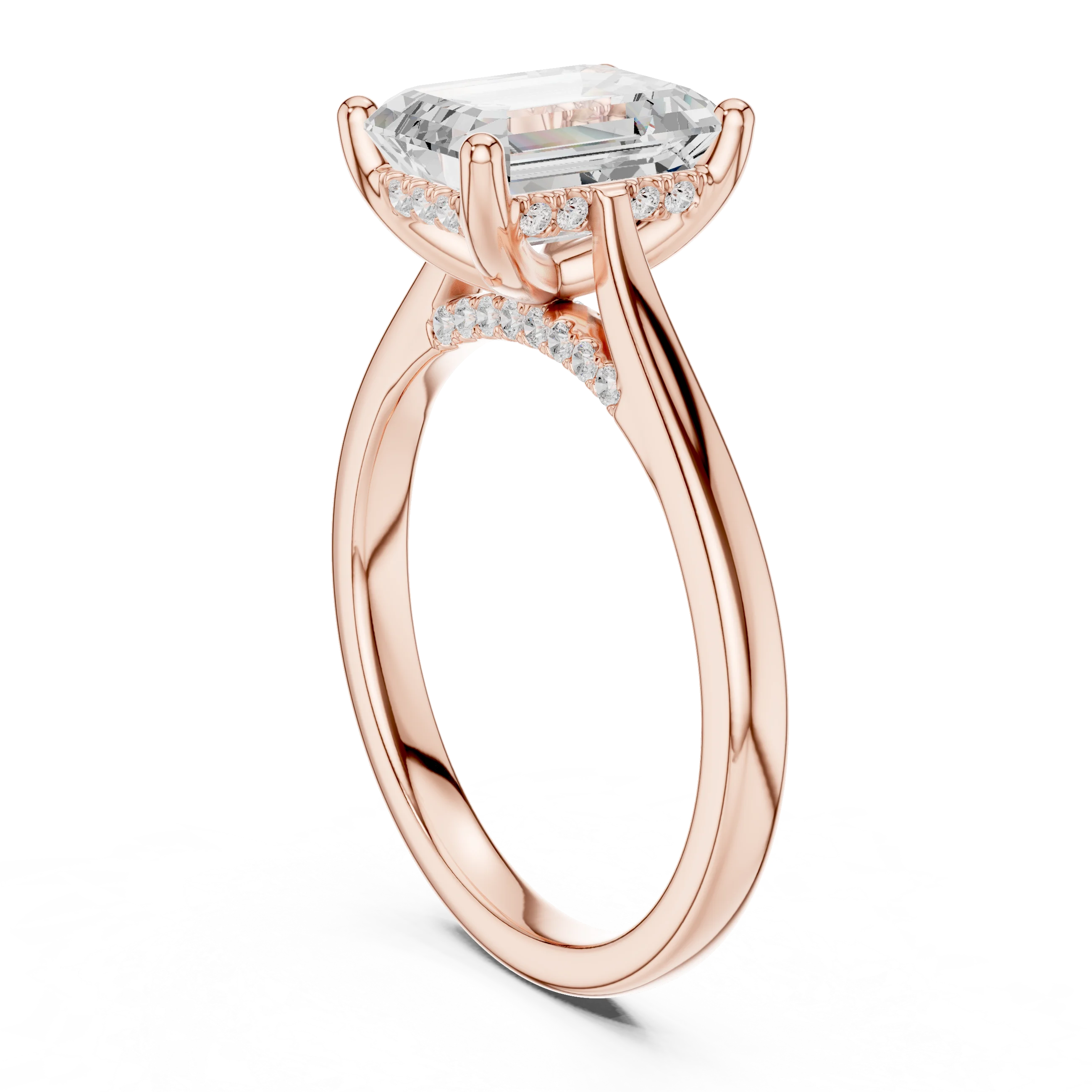 Emerald Cut Diamond Hidden Halo Engagement Ring With Cathedral Pave