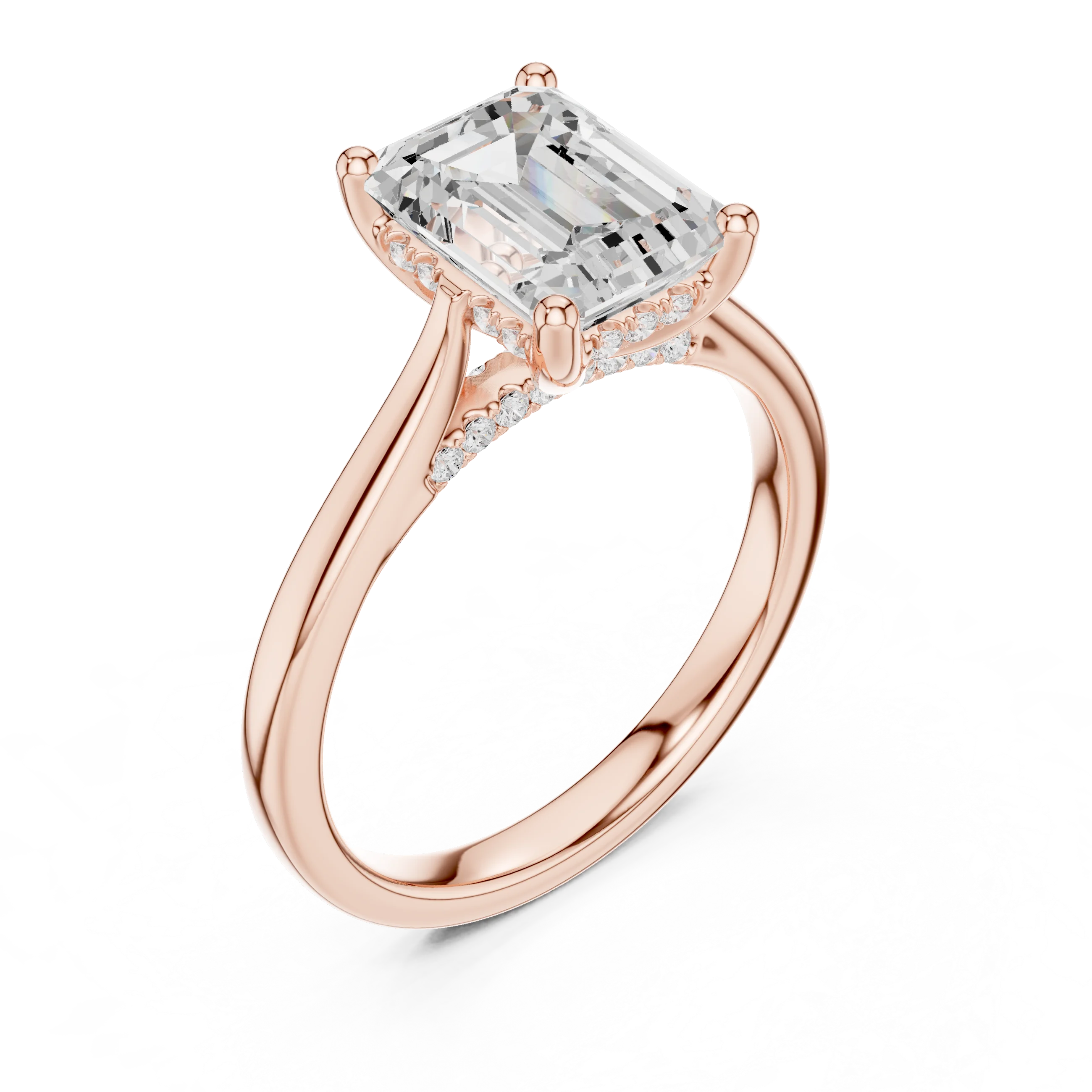 Emerald Cut Diamond Hidden Halo Engagement Ring With Cathedral Pave