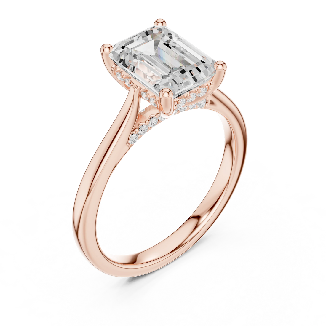 Emerald Cut Diamond Hidden Halo Engagement Ring With Cathedral Pave