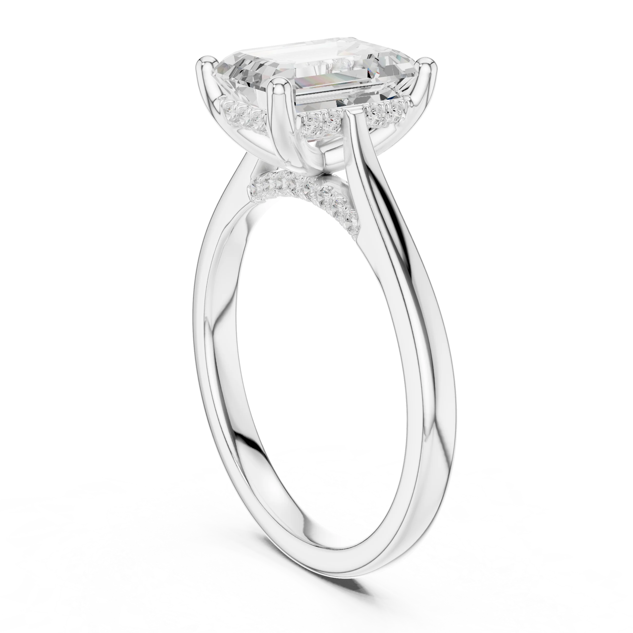 Emerald Cut Diamond Hidden Halo Engagement Ring With Cathedral Pave