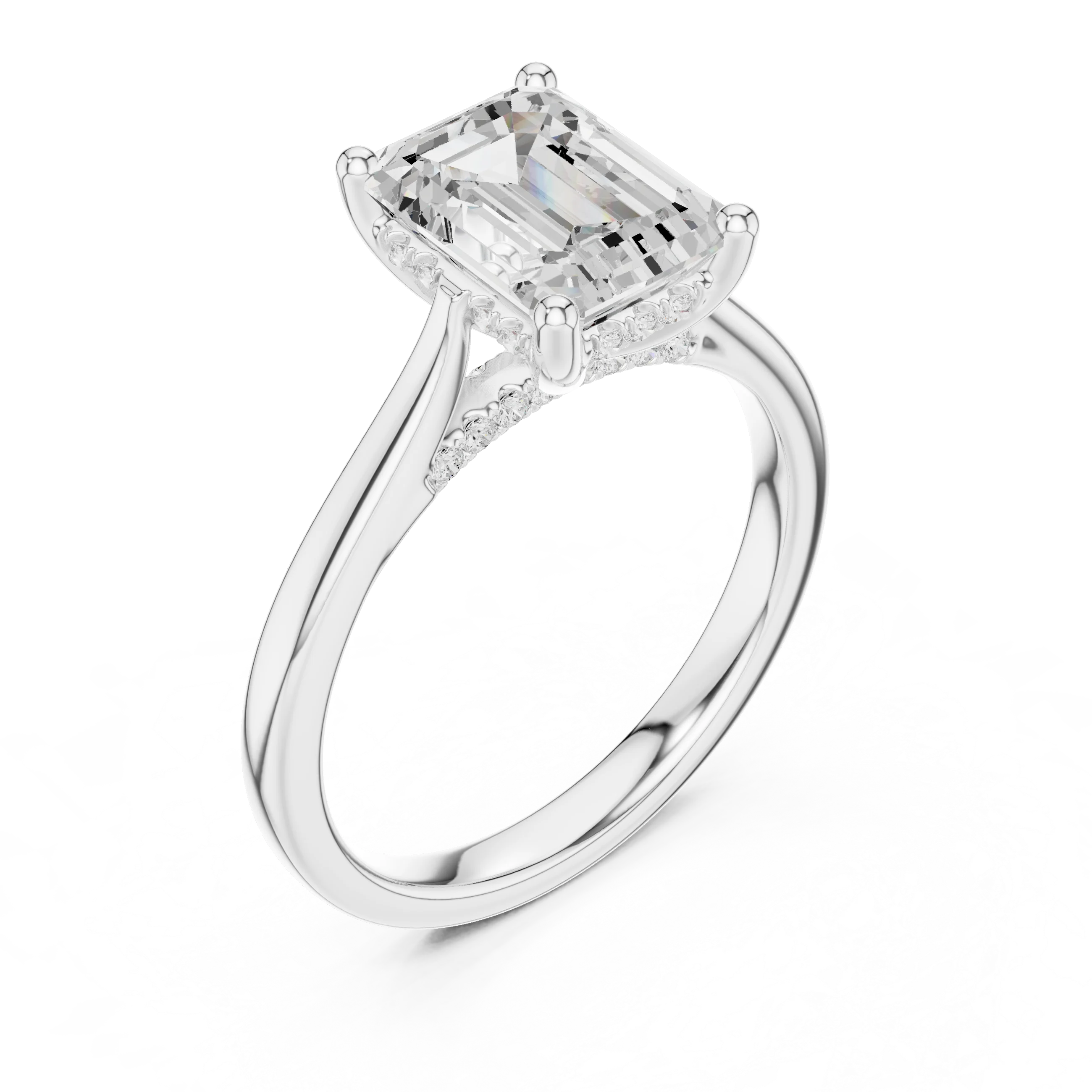 Emerald Cut Diamond Hidden Halo Engagement Ring With Cathedral Pave