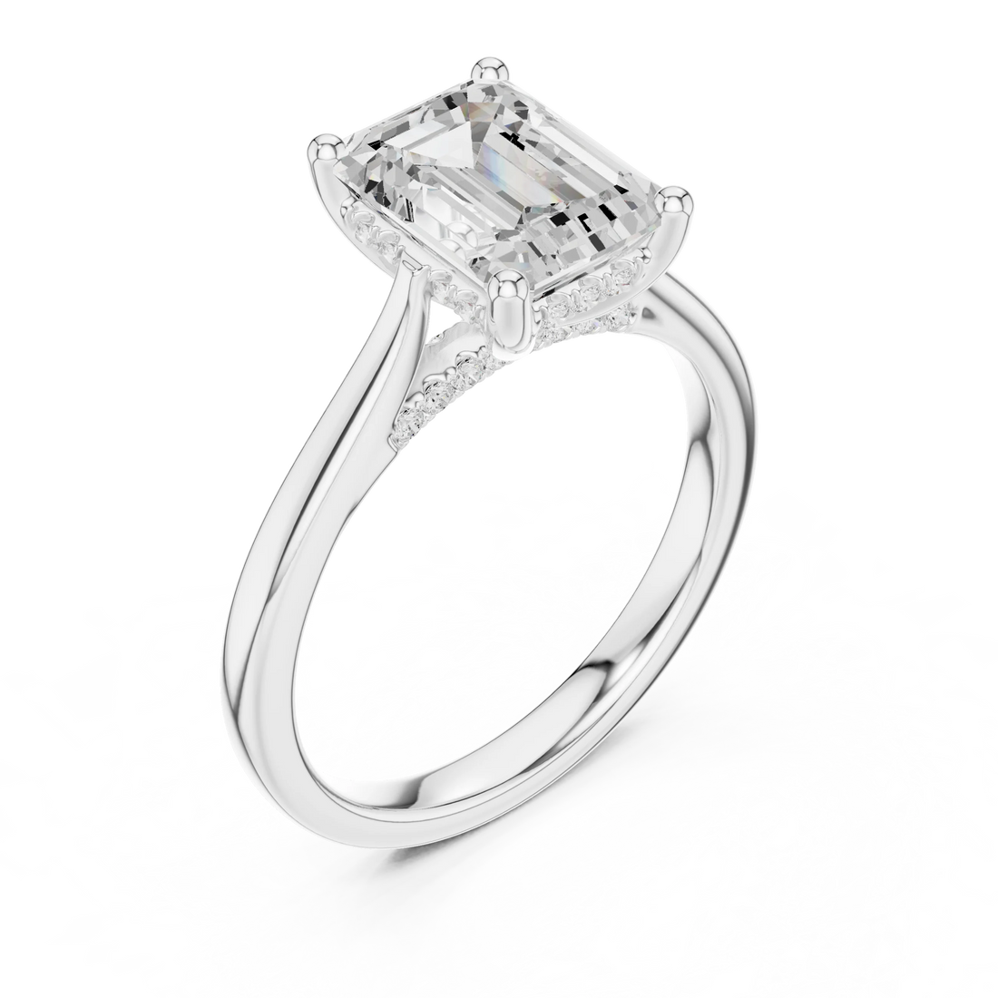 Emerald Cut Diamond Hidden Halo Engagement Ring With Cathedral Pave