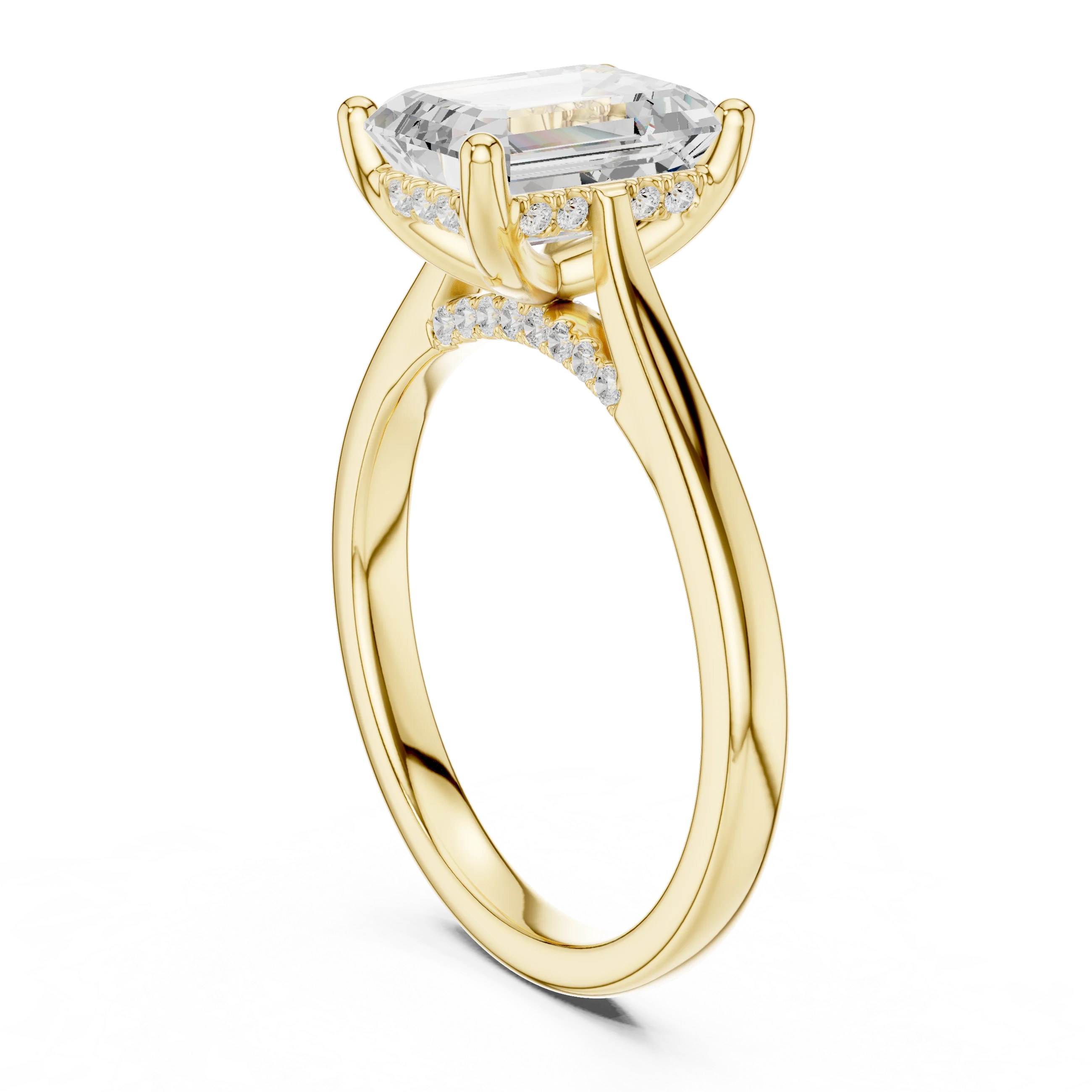 Emerald Cut Diamond Hidden Halo Engagement Ring With Cathedral Pave