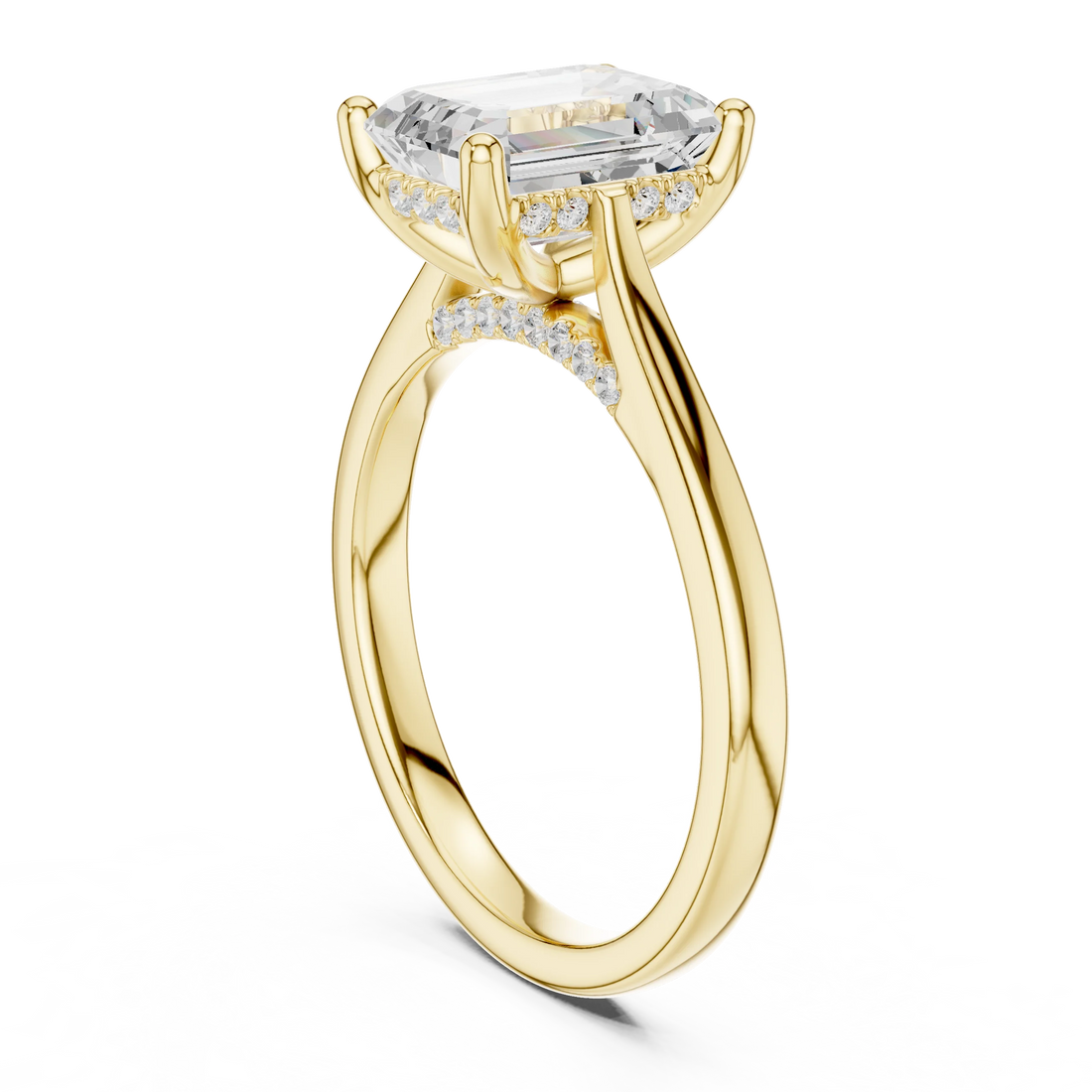 Emerald Cut Diamond Hidden Halo Engagement Ring With Cathedral Pave