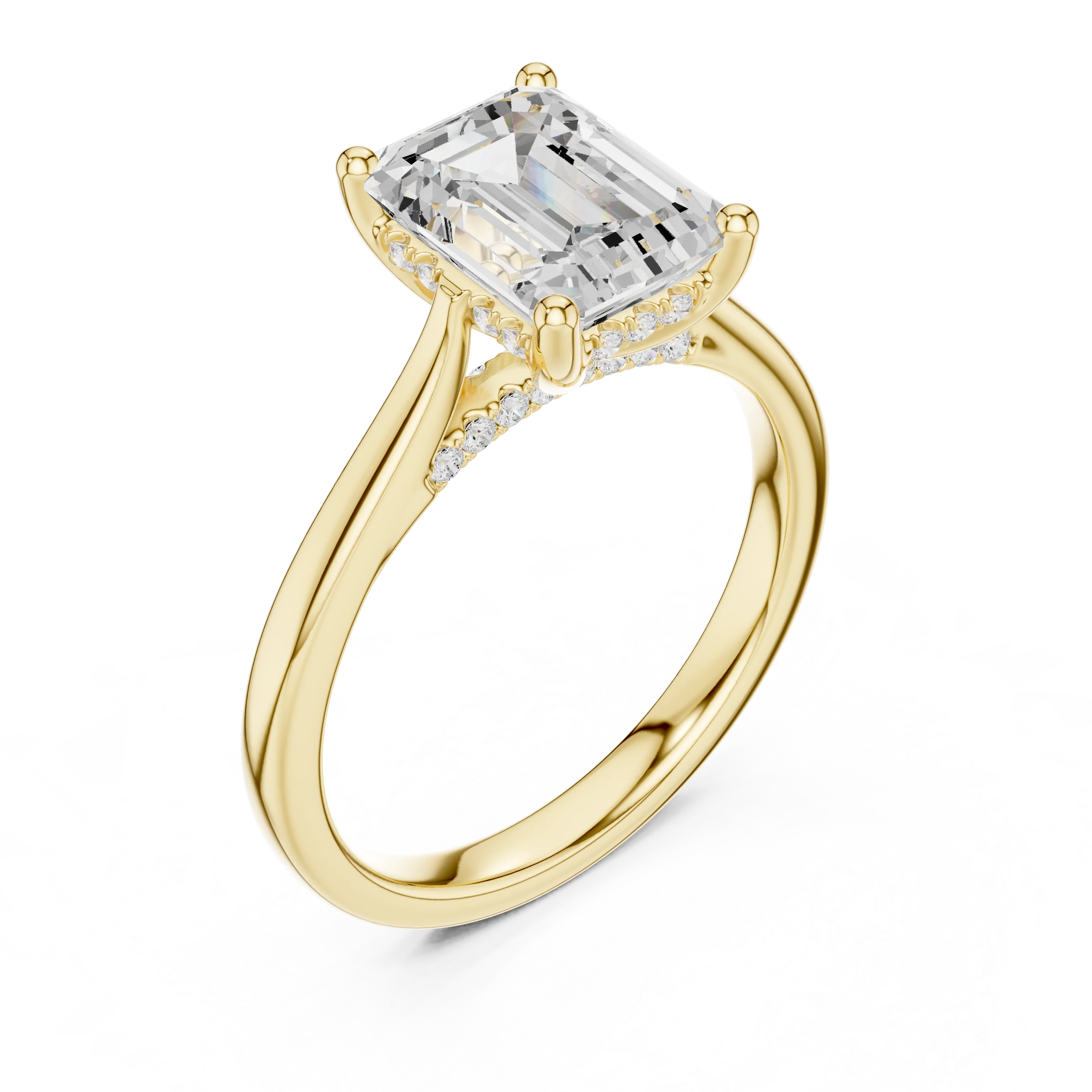 Emerald Cut Diamond Hidden Halo Engagement Ring With Cathedral Pave