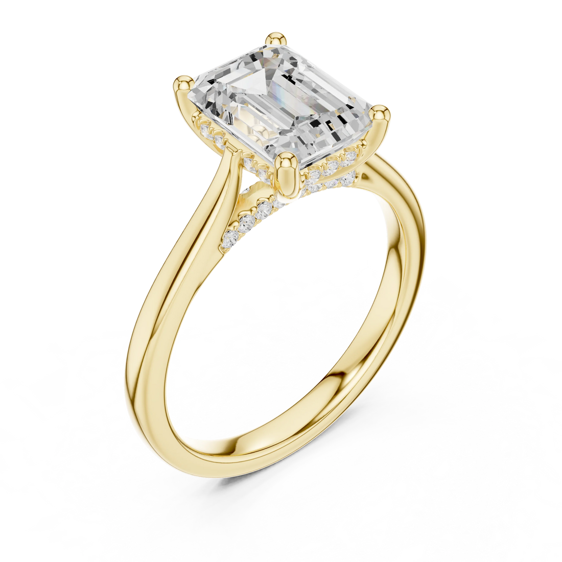 Emerald Cut Diamond Hidden Halo Engagement Ring With Cathedral Pave