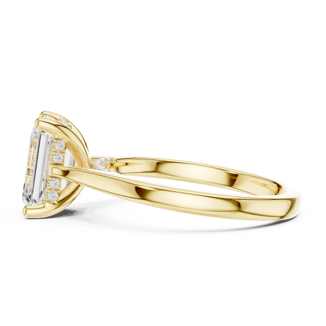 Emerald Cut Diamond Hidden Halo Engagement Ring With Cathedral Pave