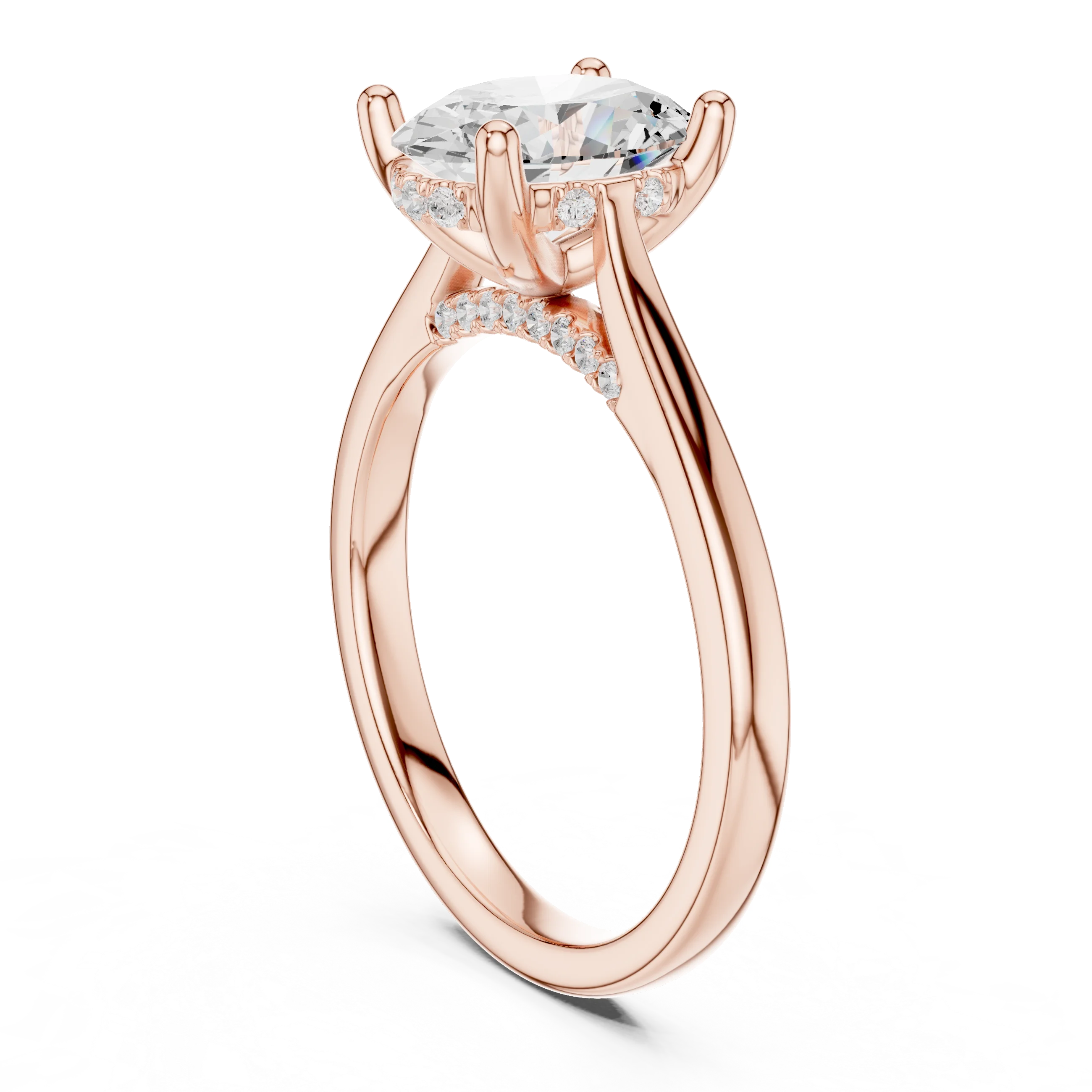 Oval Cut Diamond Hidden Halo Engagement Ring With Cathedral Pave