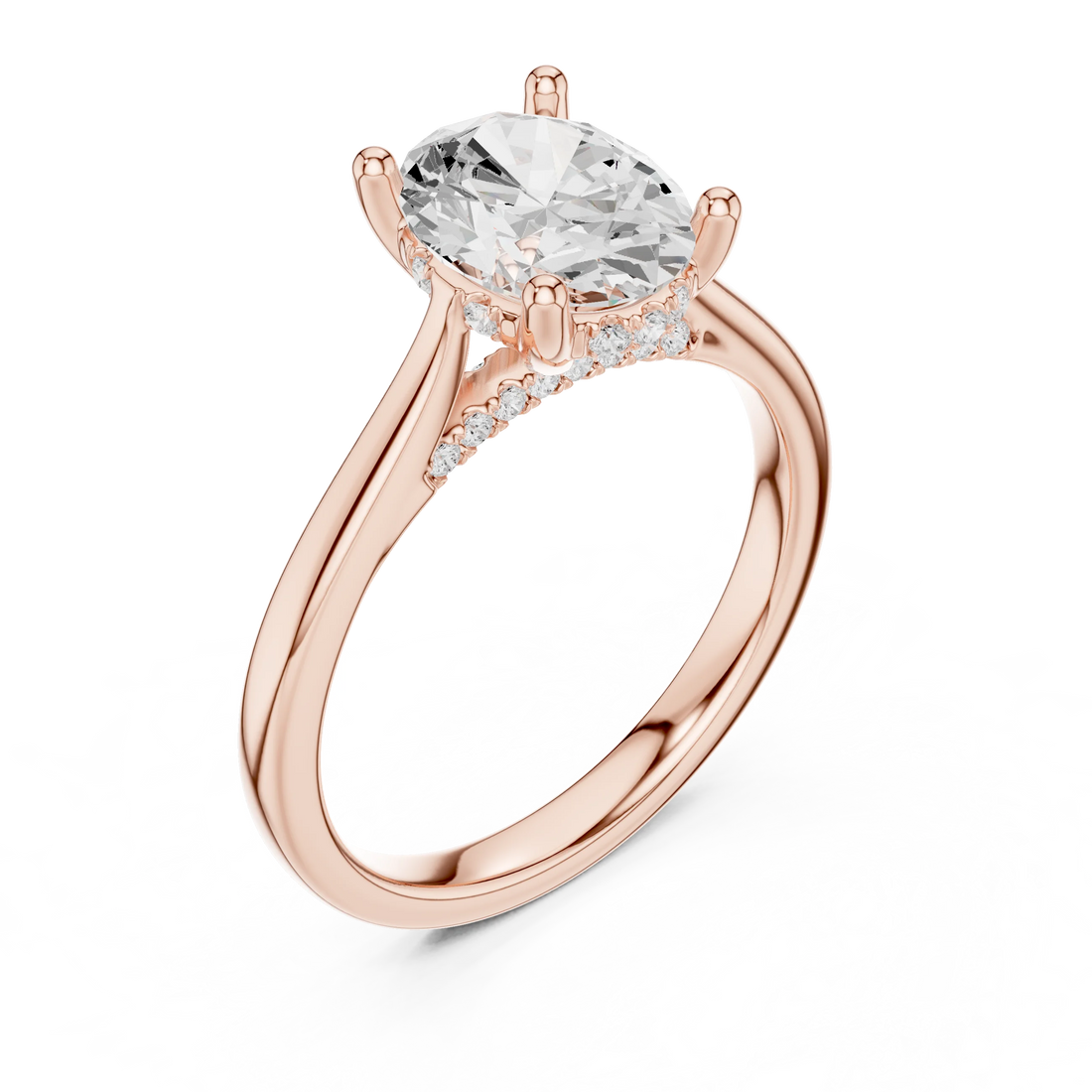 Oval Cut Diamond Hidden Halo Engagement Ring With Cathedral Pave