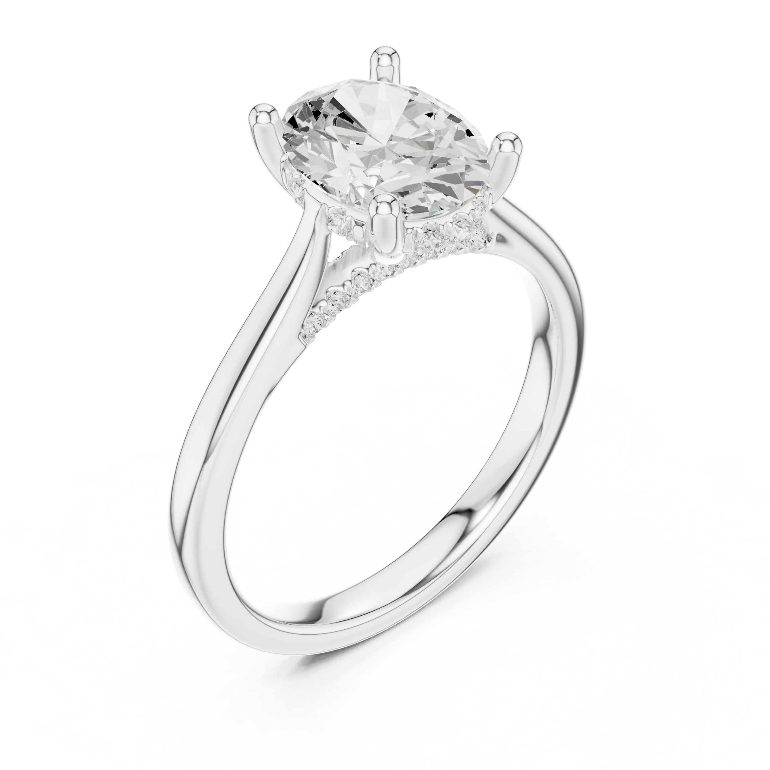 Oval Cut Diamond Hidden Halo Engagement Ring With Cathedral Pave