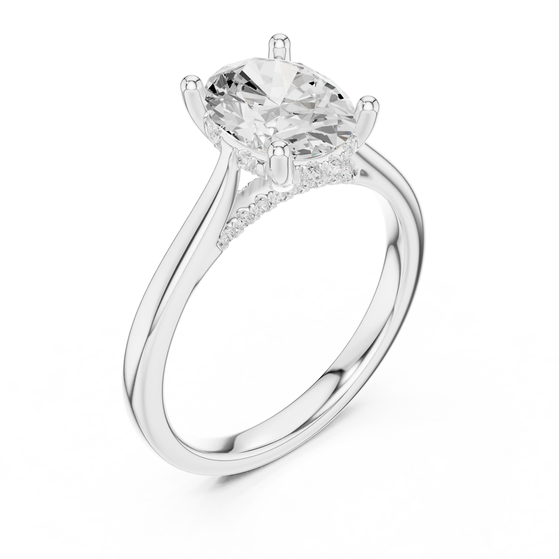 Oval Cut Diamond Hidden Halo Engagement Ring With Cathedral Pave