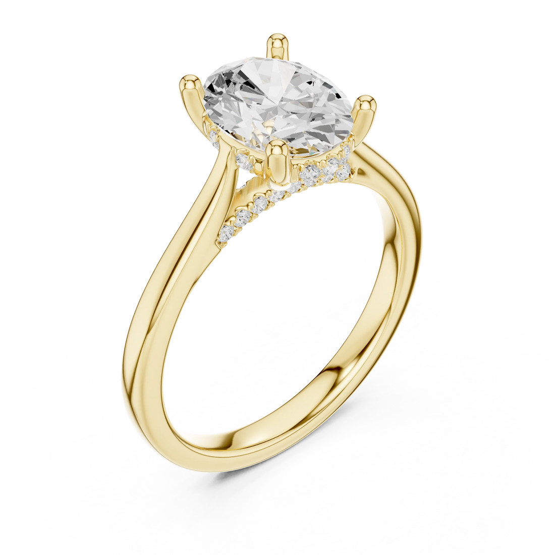 Oval Cut Diamond Hidden Halo Engagement Ring With Cathedral Pave