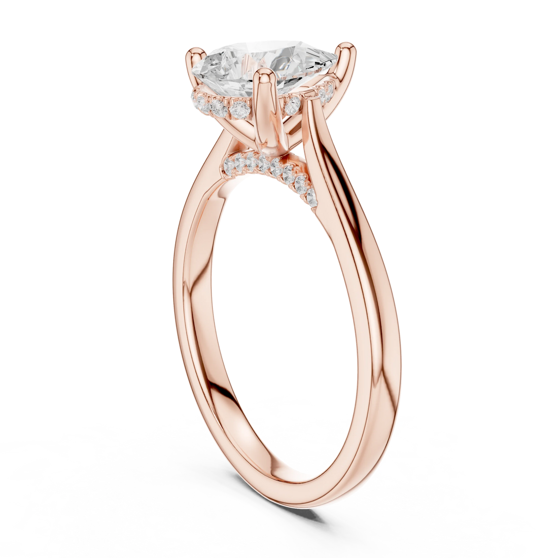 Pear Cut Diamond Hidden Halo Engagement Ring With Cathedral Pave