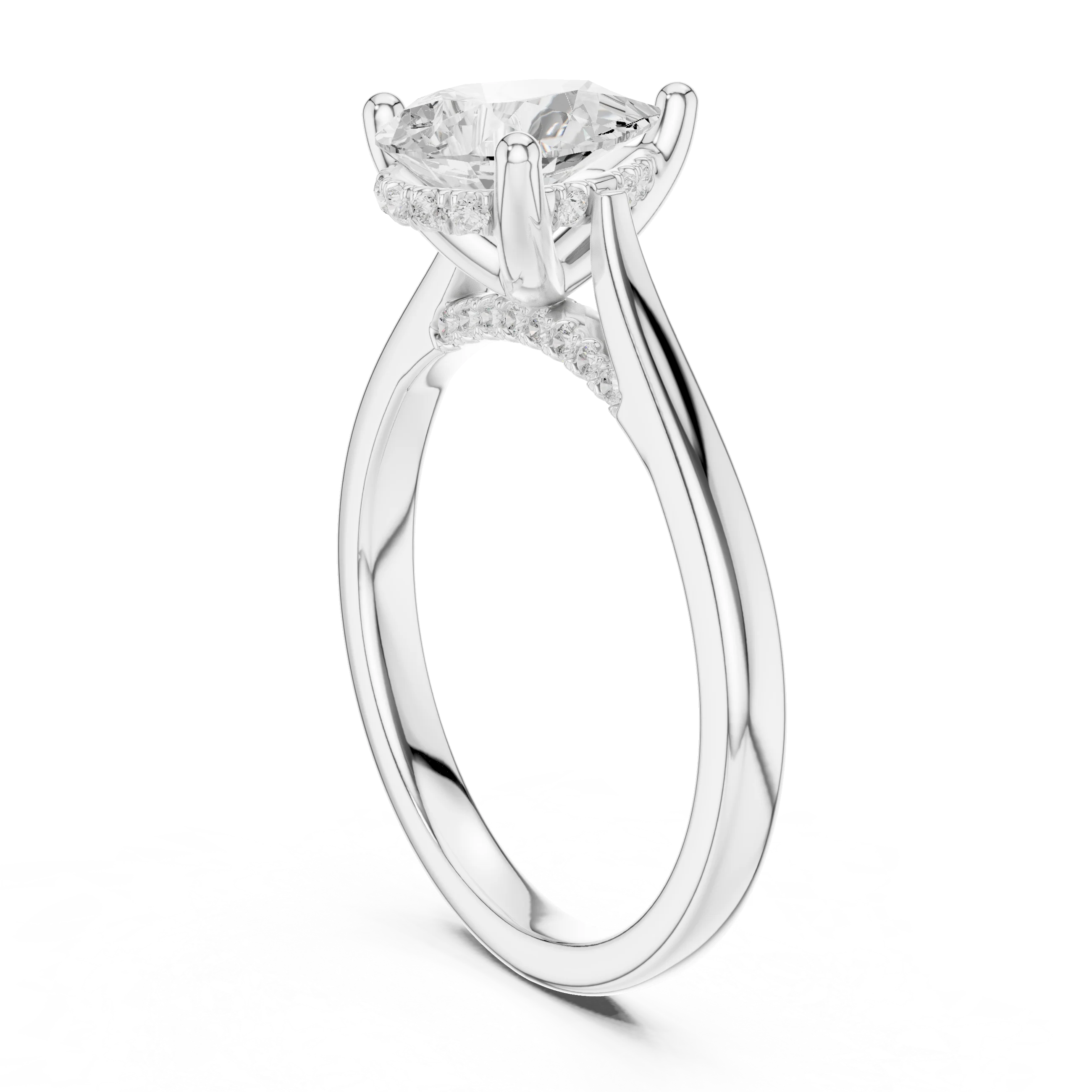Pear Cut Diamond Hidden Halo Engagement Ring With Cathedral Pave